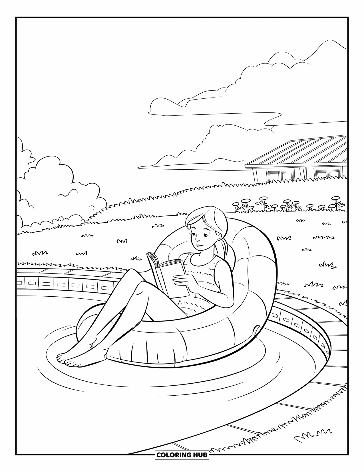 Swimming Pool Coloring Page for Kids: A relaxed teen reading on a floating chair by the pool