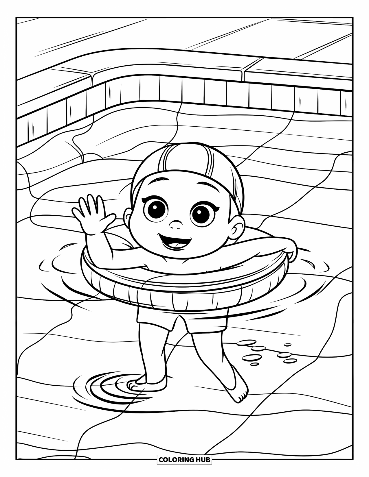 Swimming Pool Coloring Page for Kids: A smiling kid floating in the pool with gentle ripples nearby