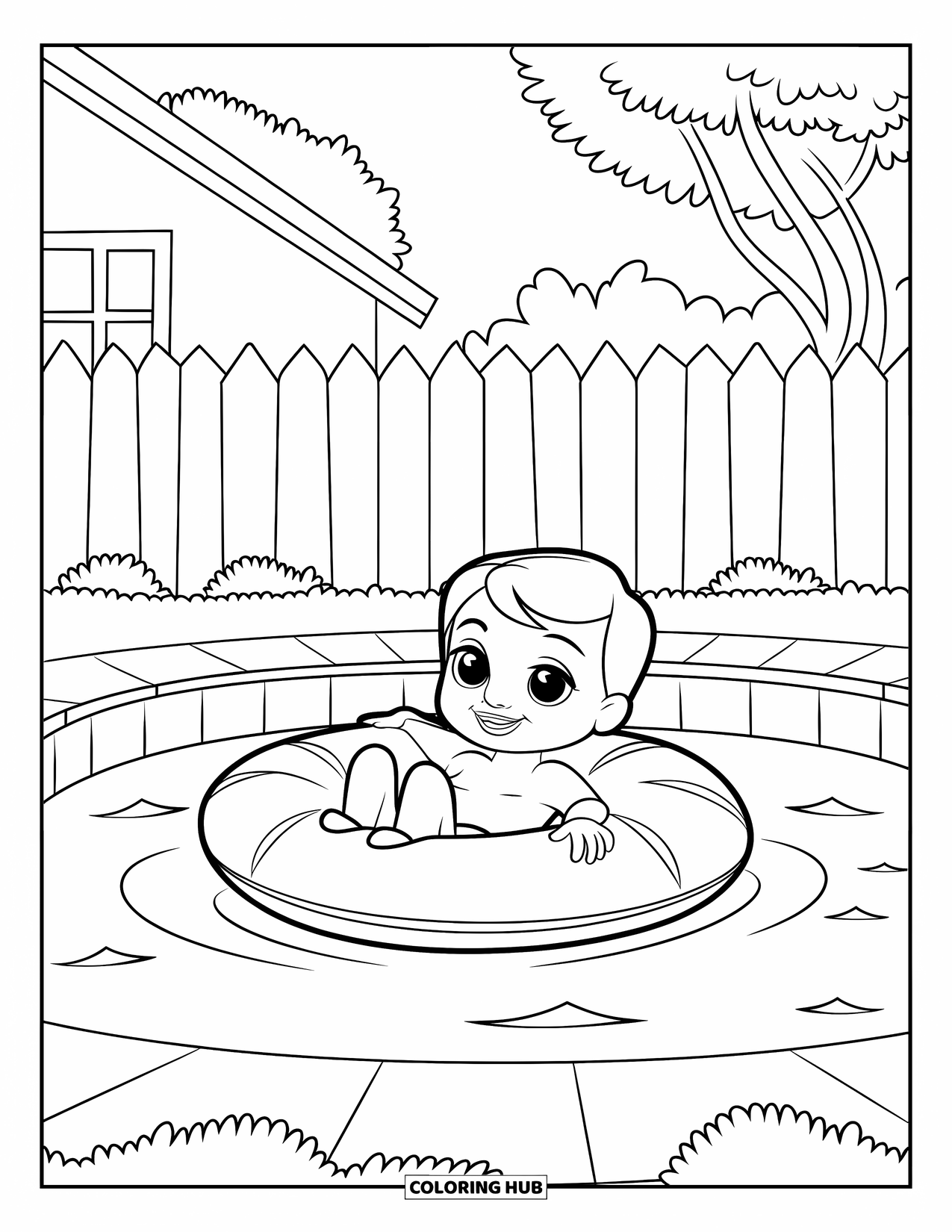 Swimming Pool Coloring Page for Kids: A smiling toddler relaxing on a pool float in the backyard