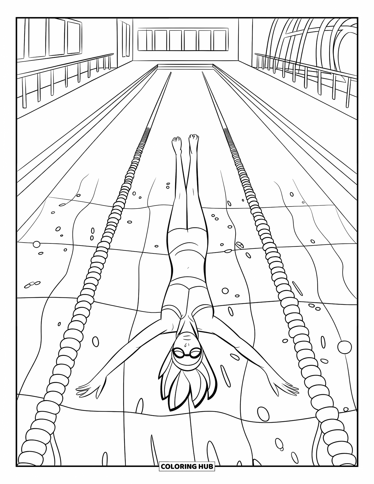 Swimming Pool Coloring Page for Kids: A swimmer floating gracefully while doing the backstroke