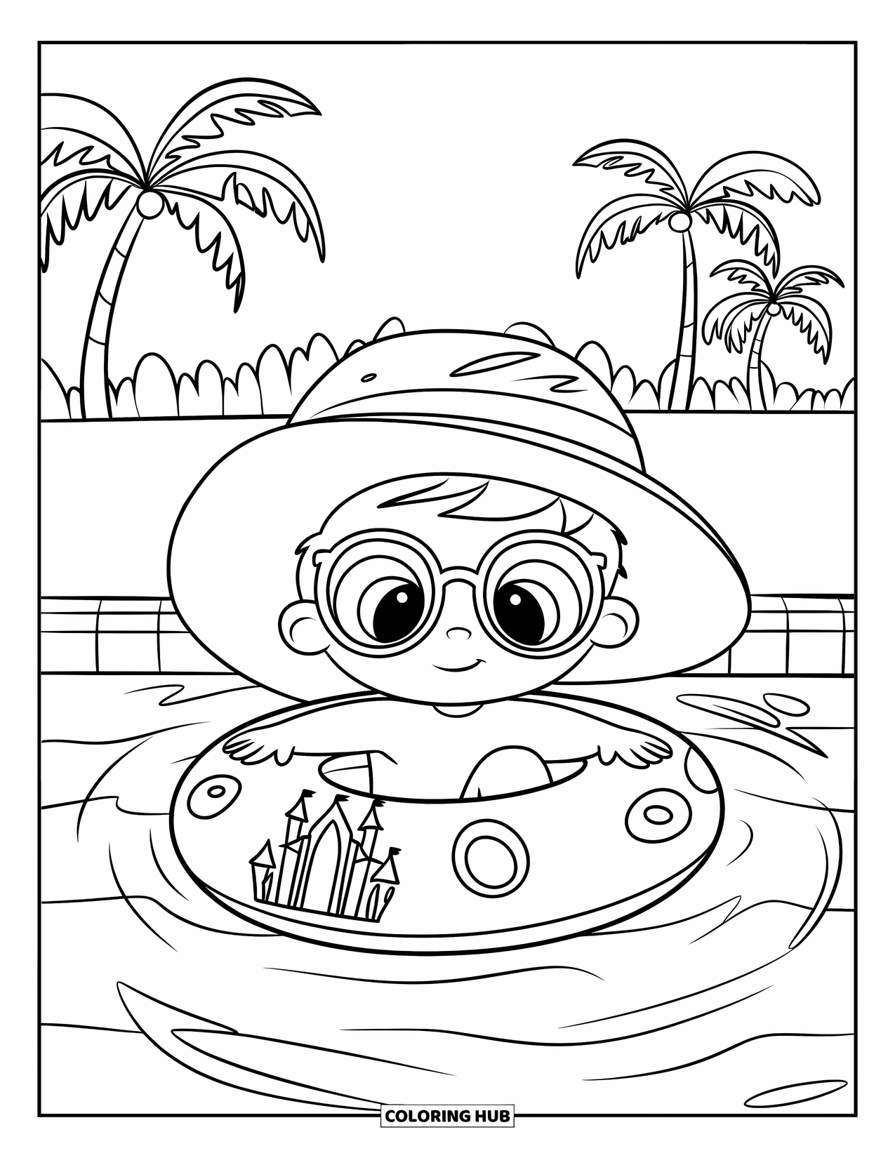 Swimming Pool Coloring Page for Kids: A toddler happily floating on a round pool float