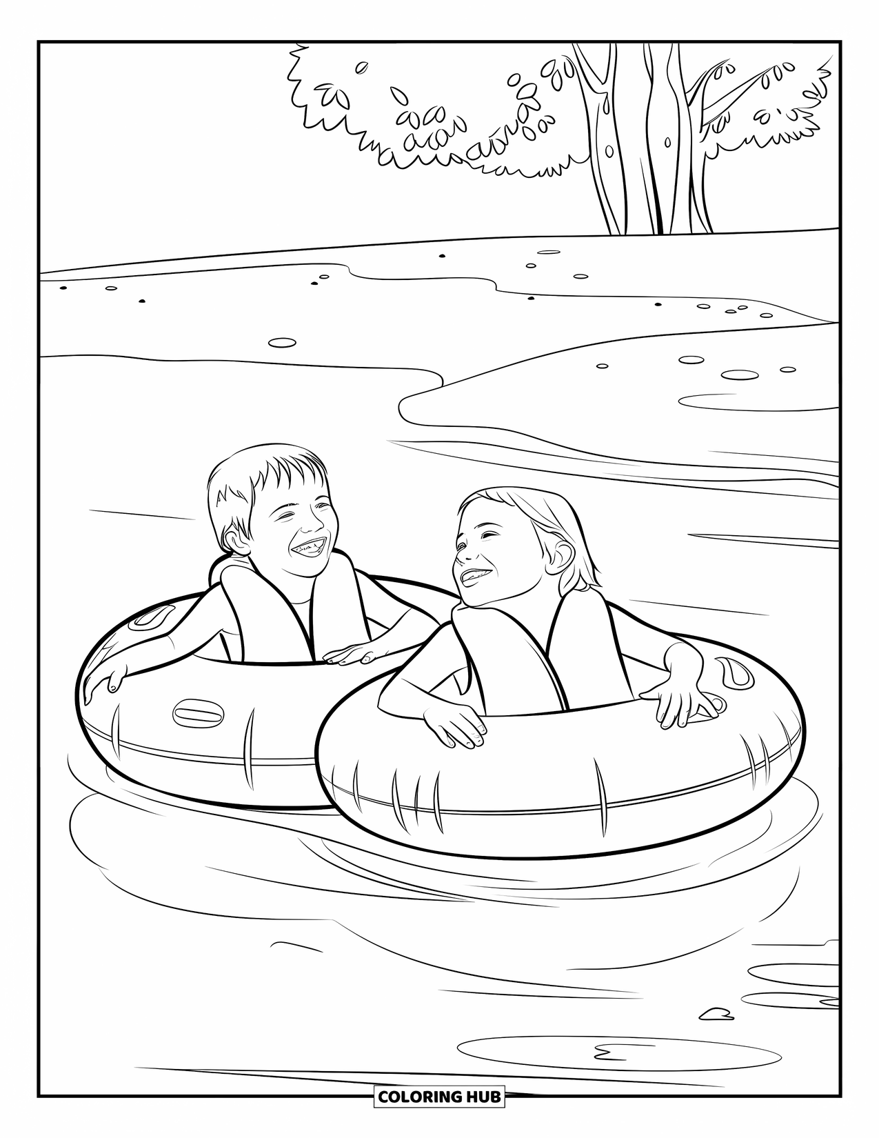 Swimming Pool Coloring Page for Kids: Kids enjoying a sunny day floating on inflatable tubes