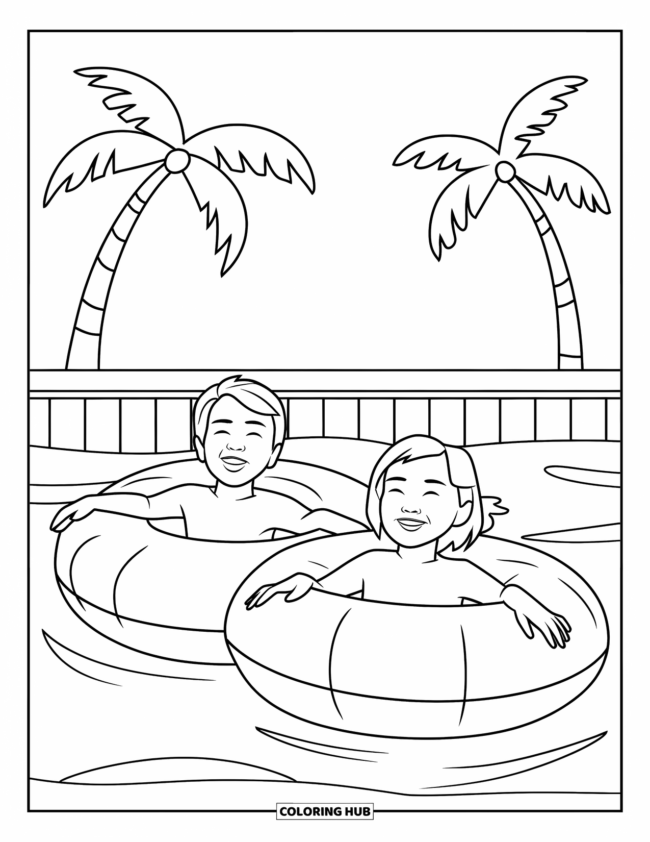 Swimming Pool Coloring Page for Kids: Kids floating happily on pool tubes under palm trees