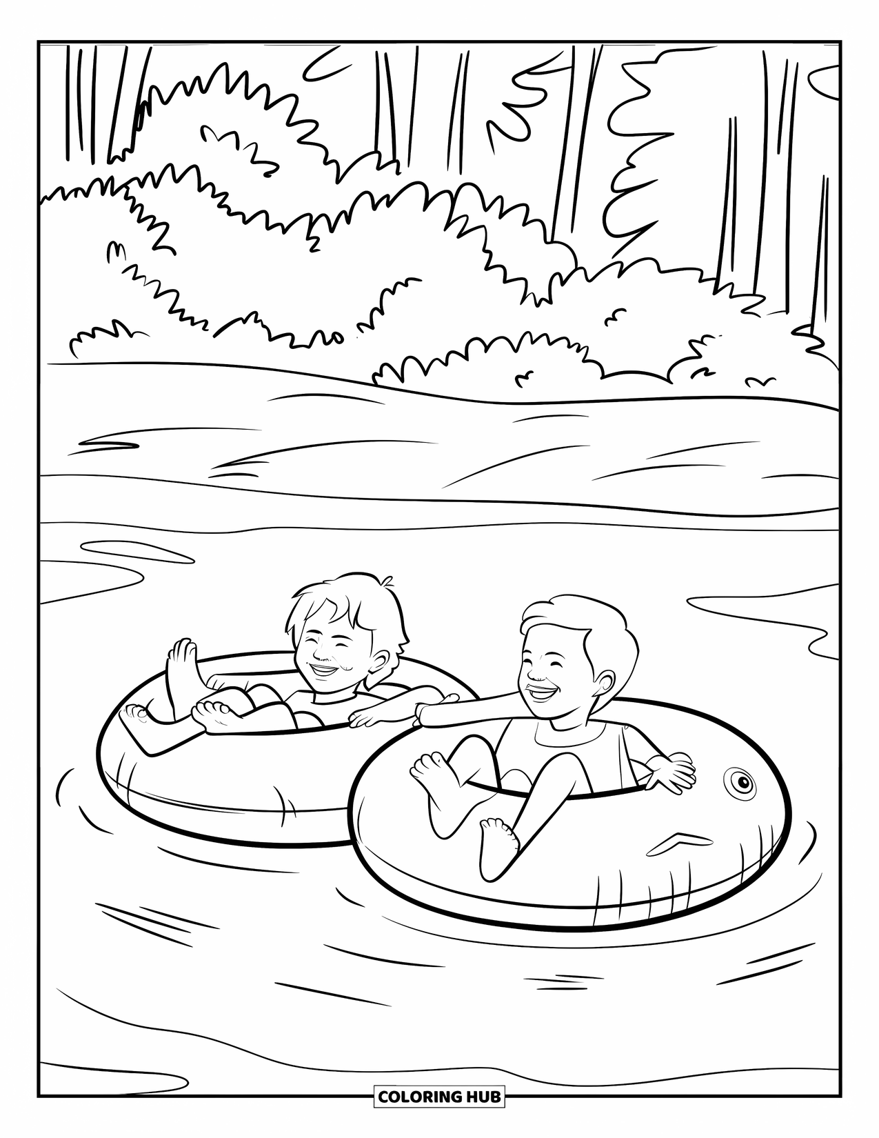 Swimming Pool Coloring Page for Kids: Two kids laughing as they float together on inflatable tubes