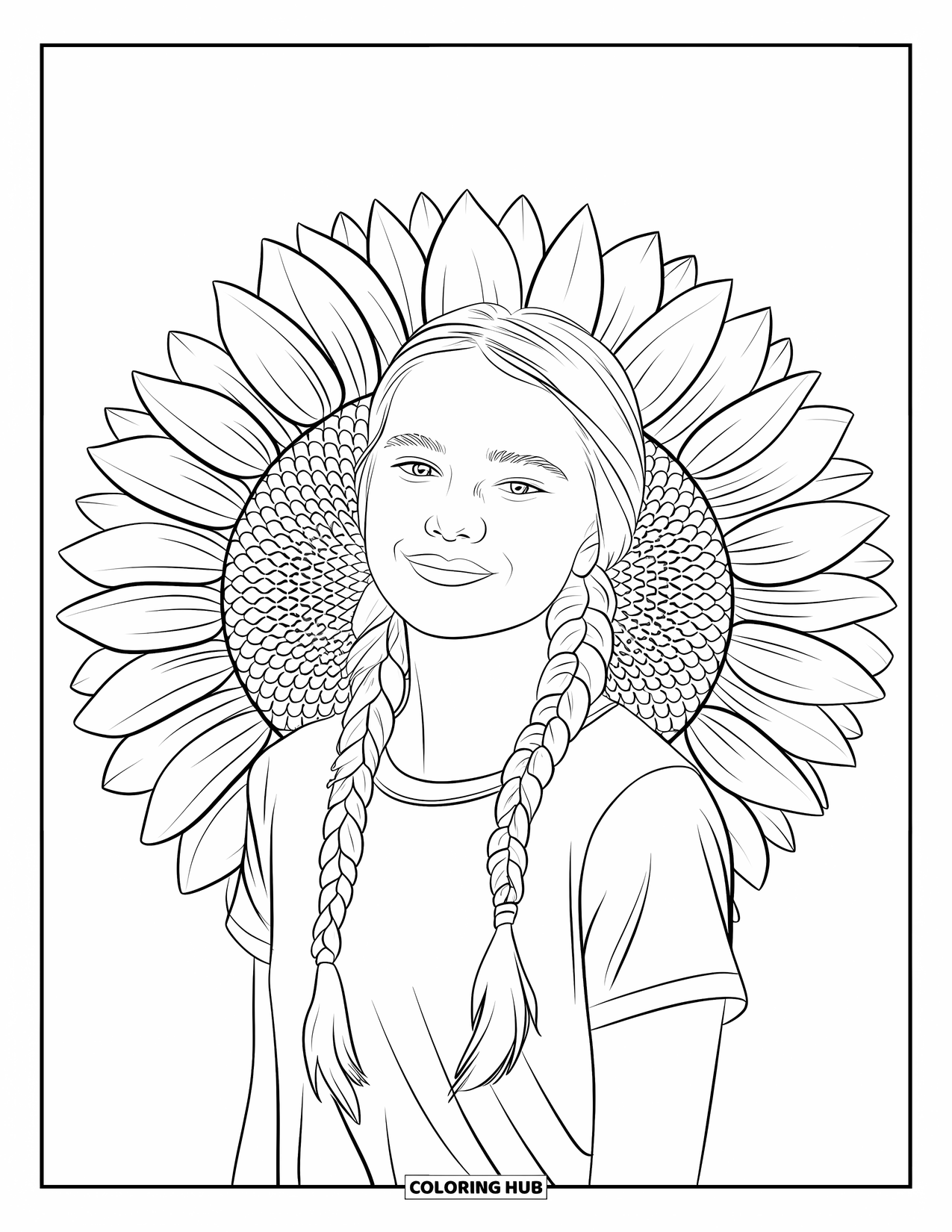 Teen Girl Coloring Page for Adults: A braided girl framed by sunflower petals in clean, bold outlines