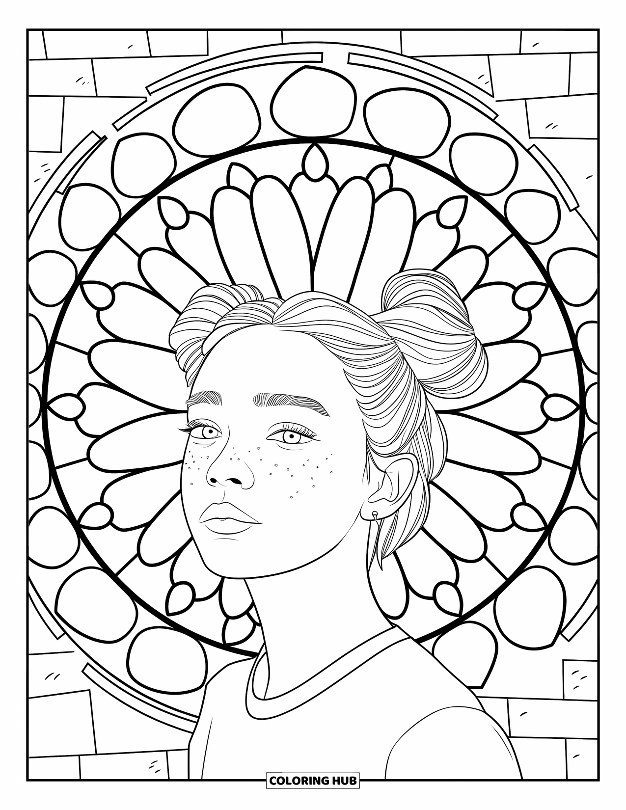 Teen Girl Coloring Page for Adults: A calm, freckled girl surrounded by a halo of petal-shaped glass