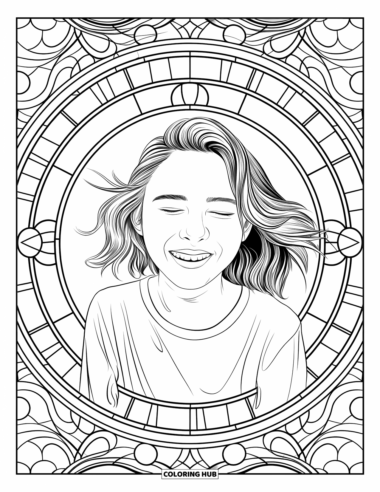 Teen Girl Coloring Page for Adults: A cheerful teen laughs within circular stained glass patterns