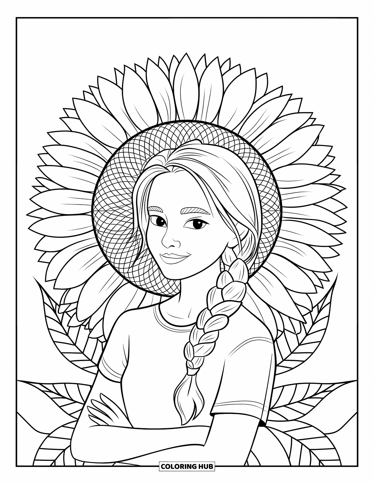 Teen Girl Coloring Page for Adults: A confident girl with a braid framed by sunflowers and leafy details