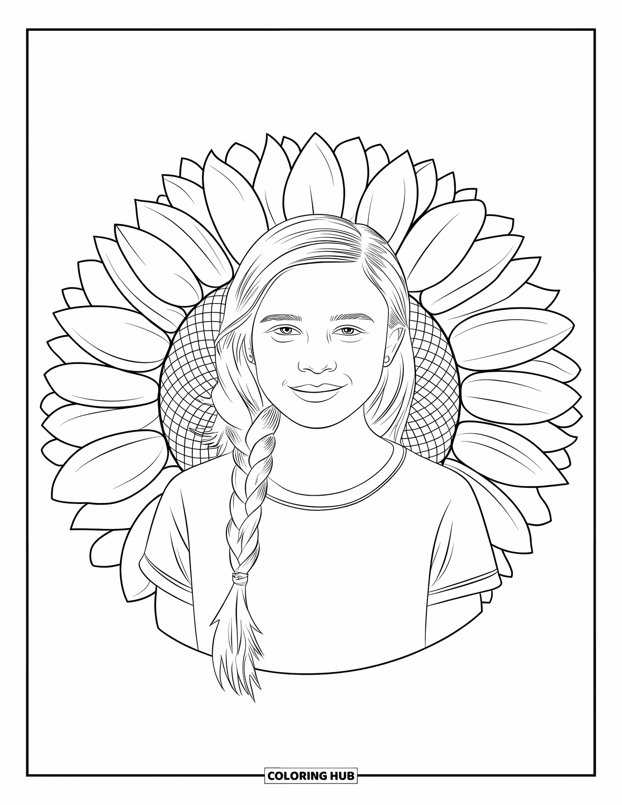 Teen Girl Coloring Page for Adults: A confident girl with a braid smiles within a sunflower mandala