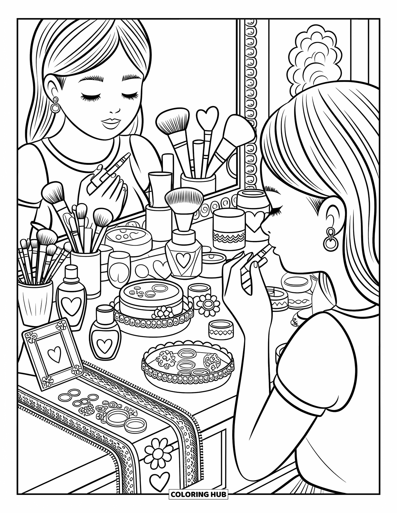Teen Girl Coloring Page for Adults: A cozy vanity scene with makeup, jewelry, and soft reflections