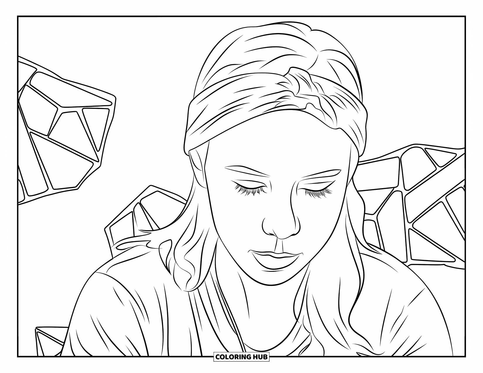 Teen Girl Coloring Page for Adults: A focused girl wearing a headband stands before stained glass fragments