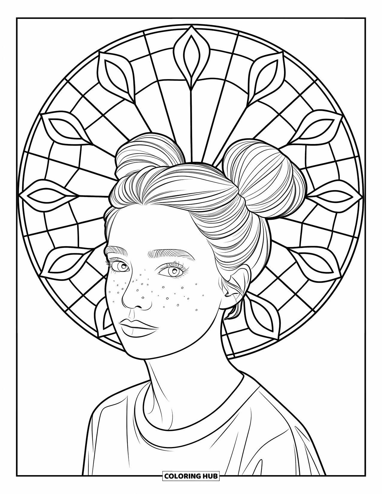 Teen Girl Coloring Page for Adults: A freckled girl with space buns surrounded by a petal-shaped halo