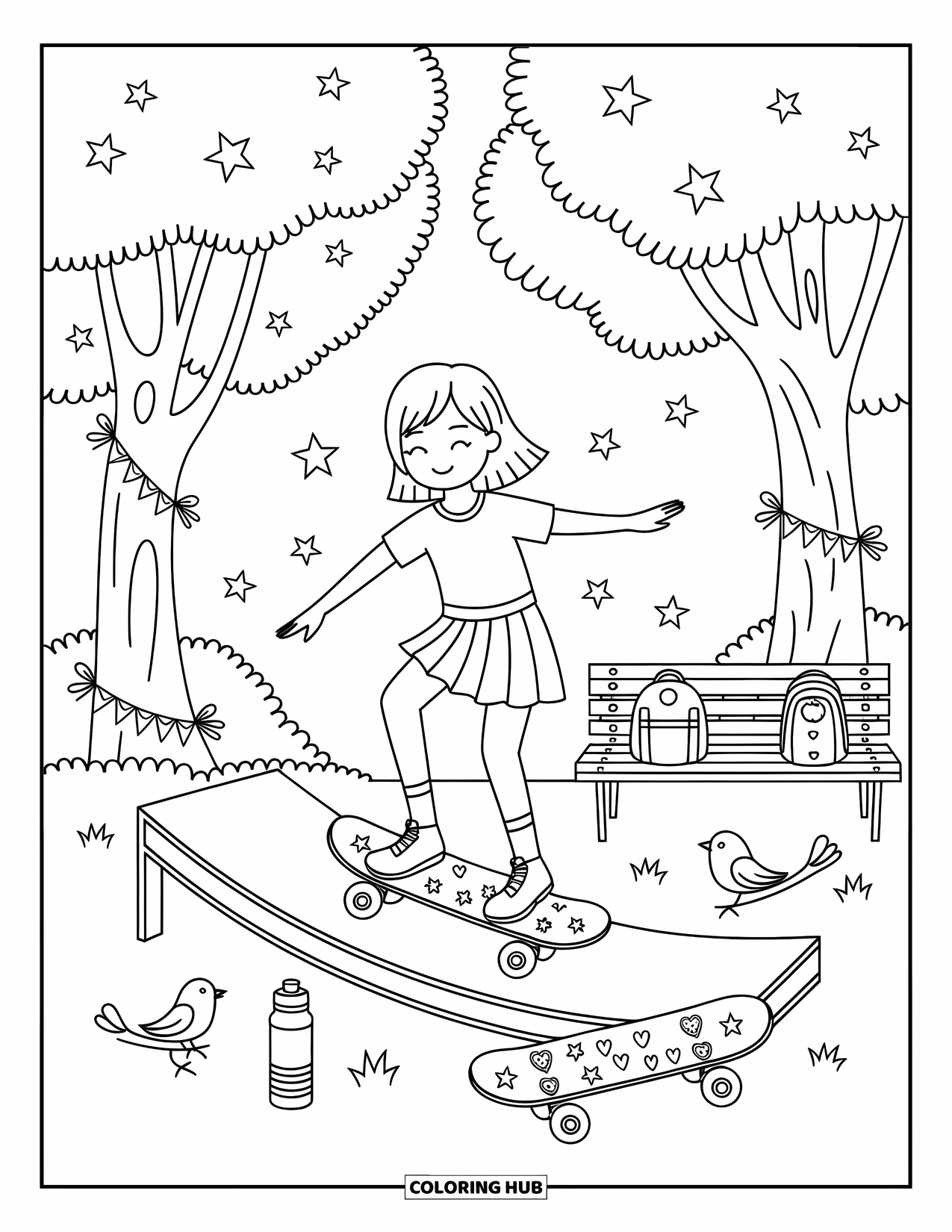 Teen Girl Coloring Page for Adults: A girl balances gracefully on her skateboard near trees and ribbons