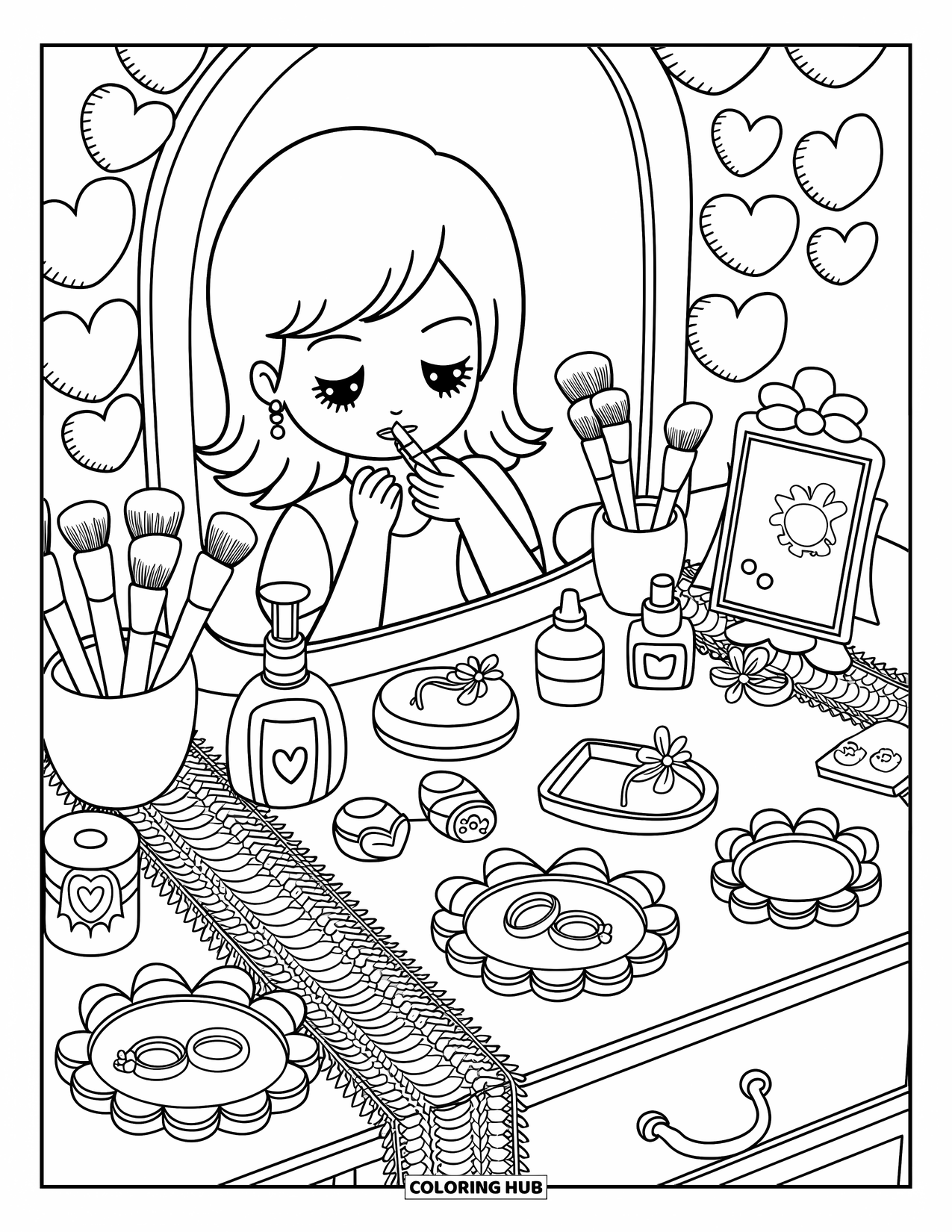 Teen Girl Coloring Page for Adults: A girl gets ready at her vanity surrounded by perfumes and brushes