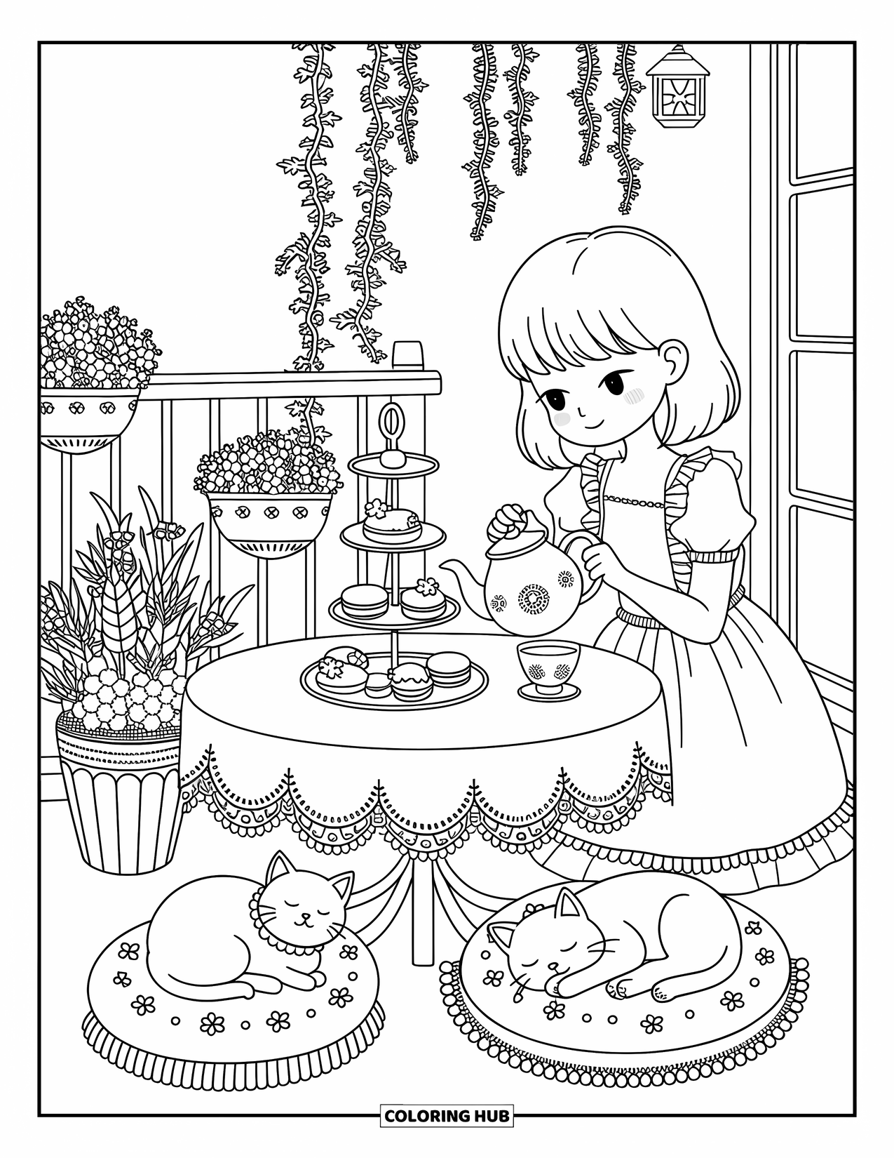 Teen Girl Coloring Page for Adults: A girl pours tea on a balcony filled with plants and desserts