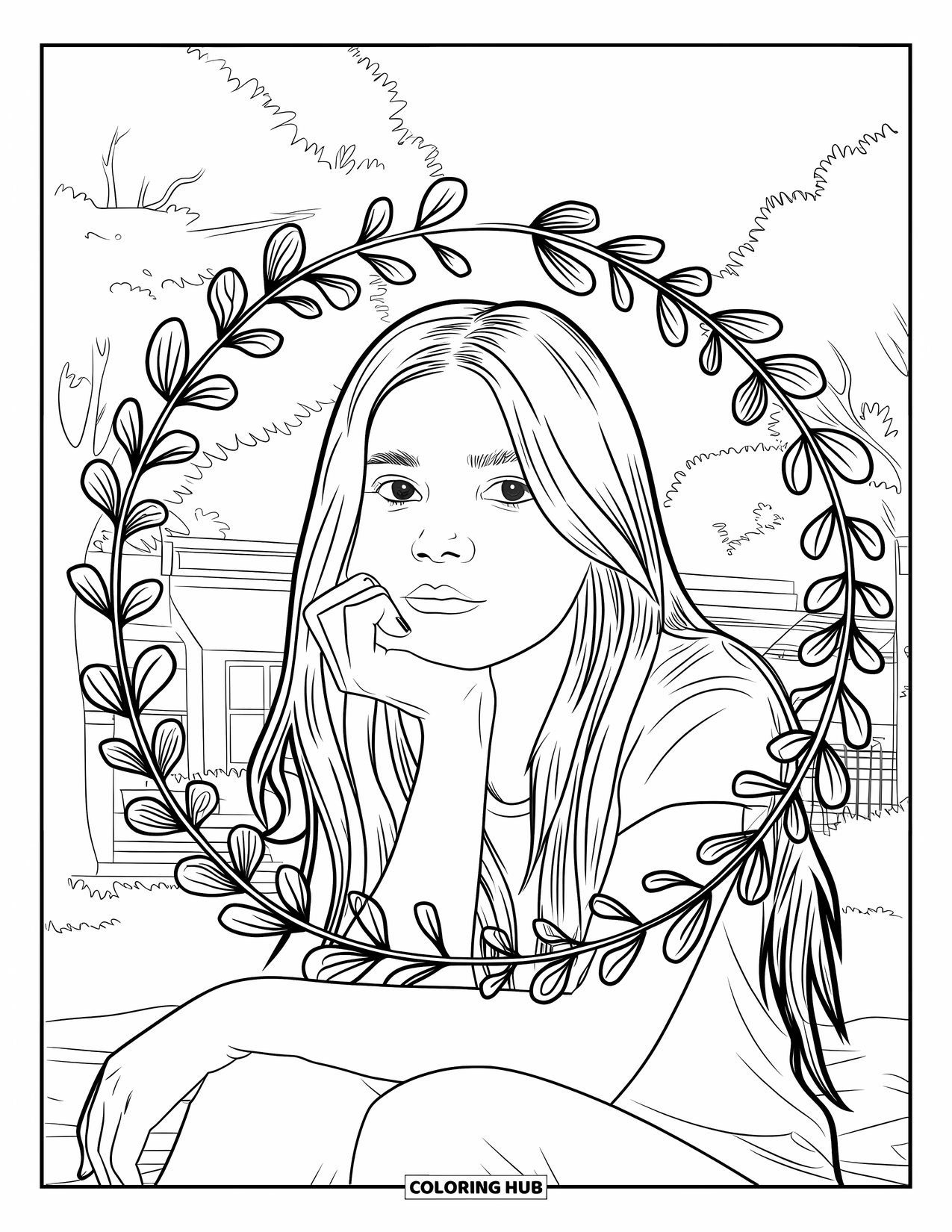 Teen Girl Coloring Page for Adults: A girl sits outdoors among trees and spiraling botanical motifs