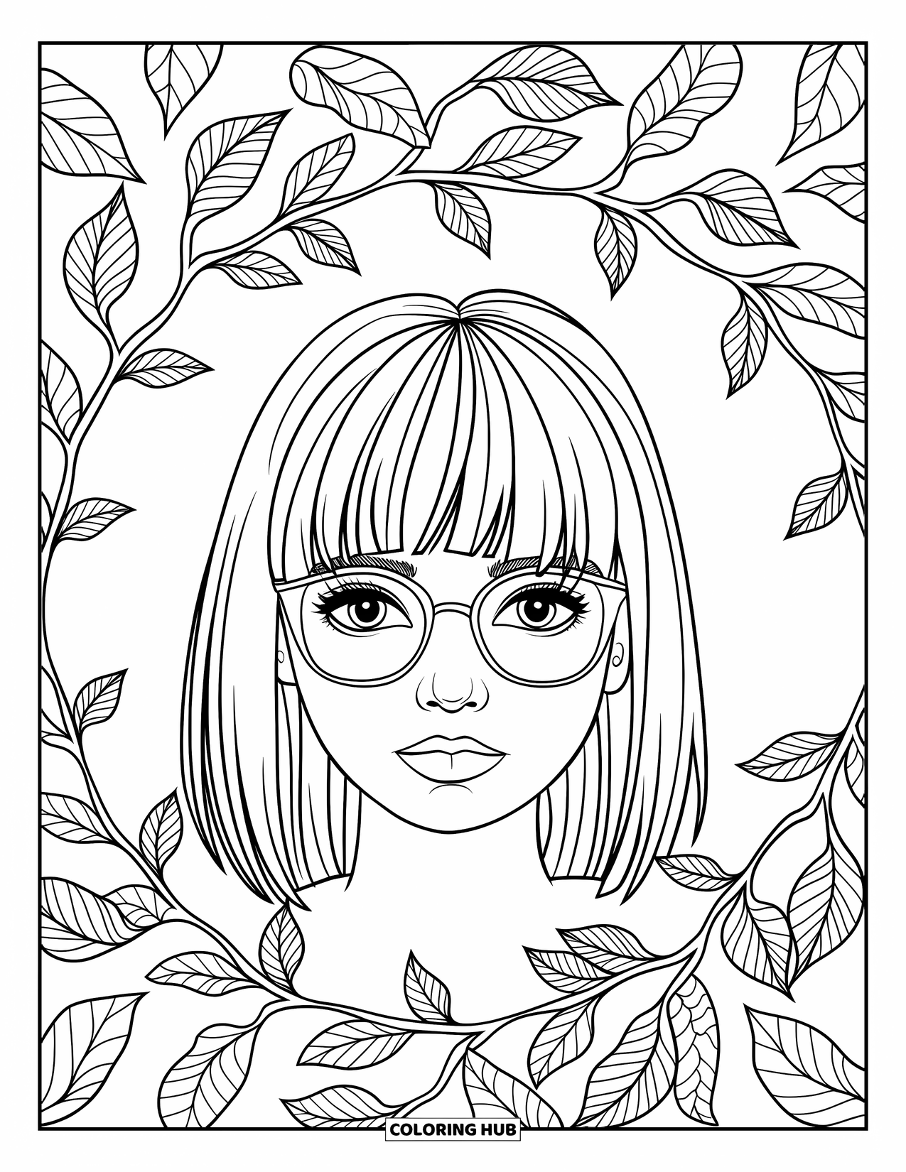 Teen Girl Coloring Page for Adults: A girl with straight hair and glasses framed by leafy mandala vines