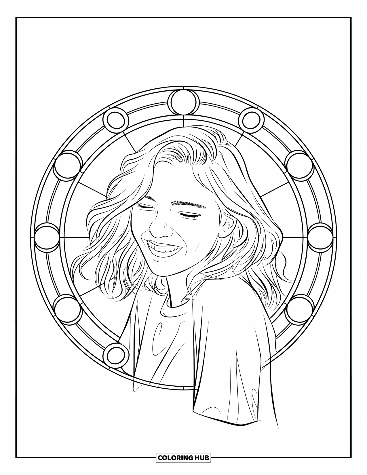 Teen Girl Coloring Page for Adults: A laughing girl with wavy hair surrounded by stained glass borders