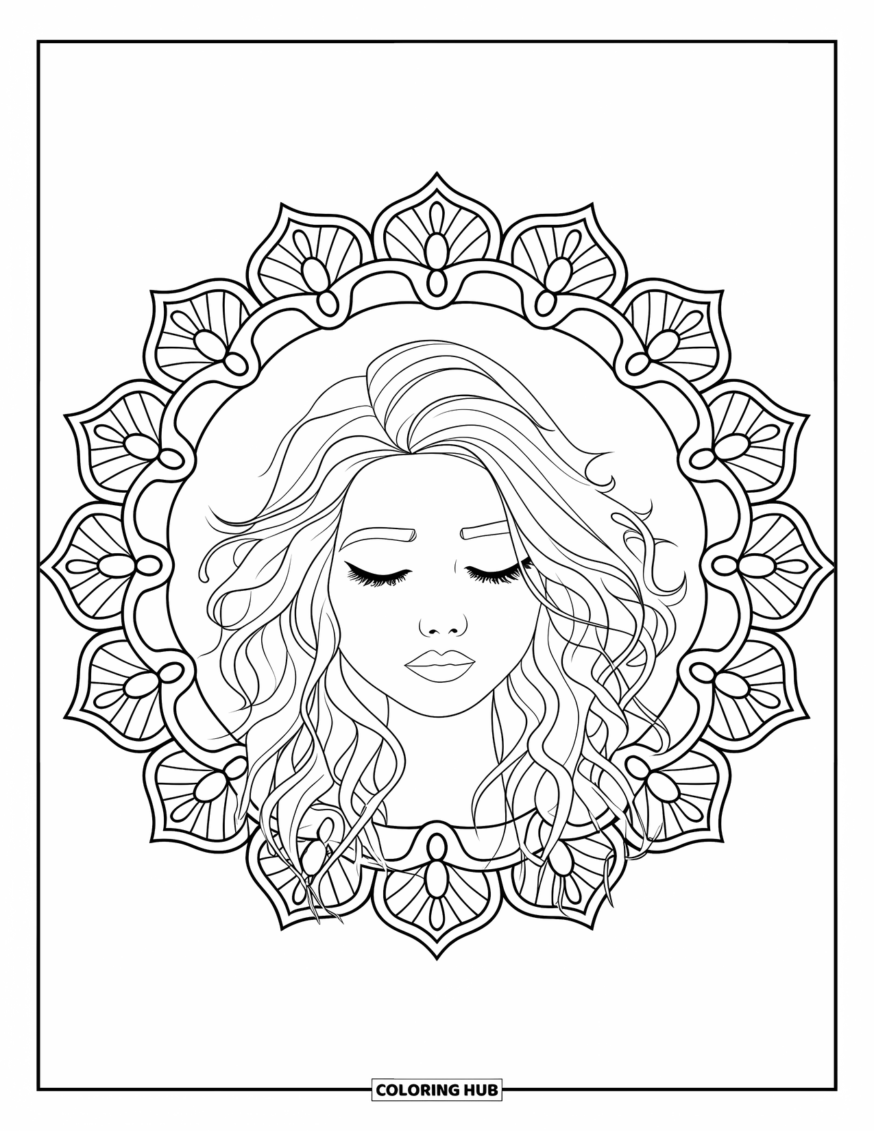 Teen Girl Coloring Page for Adults: A peaceful curly-haired girl surrounded by intricate flower mandalas