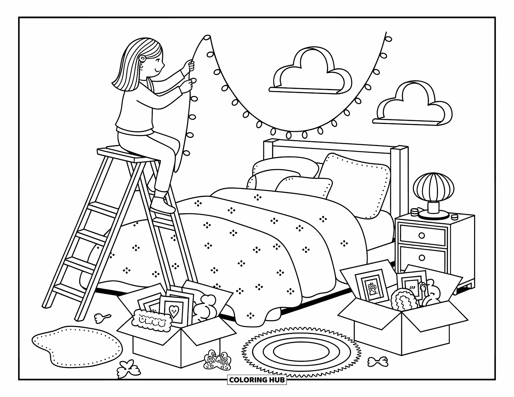 Teen Girl Coloring Page for Adults: A teen girl hangs string lights above her cozy bed filled with fluffy pillows