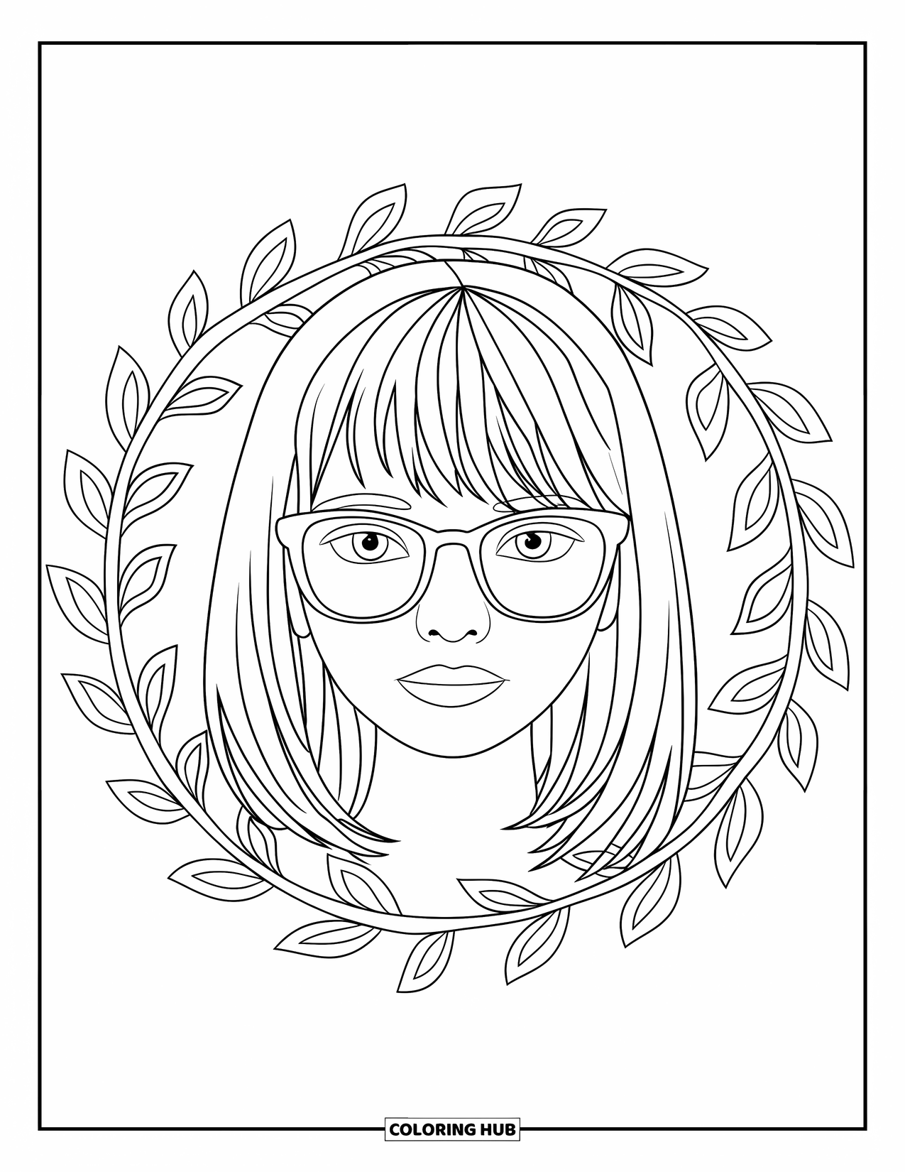 Teen Girl Coloring Page for Adults: A thoughtful girl with glasses surrounded by vines forming a mandala