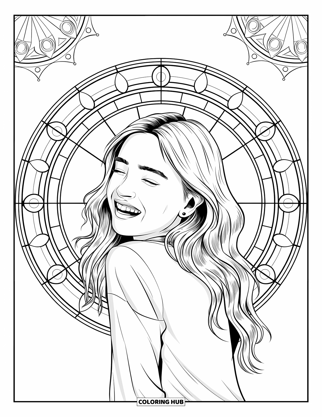 Teen Girl Coloring Page for Adults: A wavy-haired girl smiling inside an ornate stained glass circle