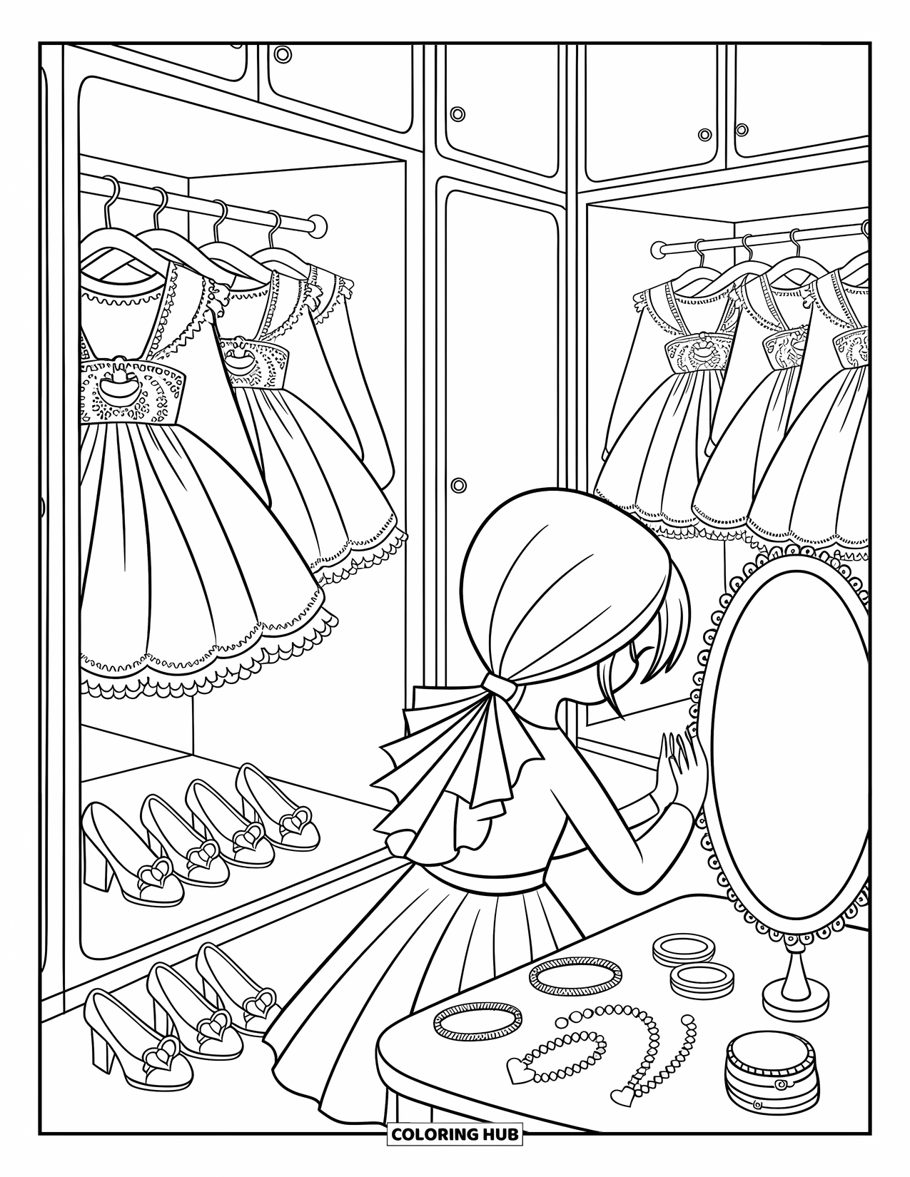 Teen Girl Coloring Page for Adults: A whimsical wardrobe filled with frilly outfits and shimmering accessories