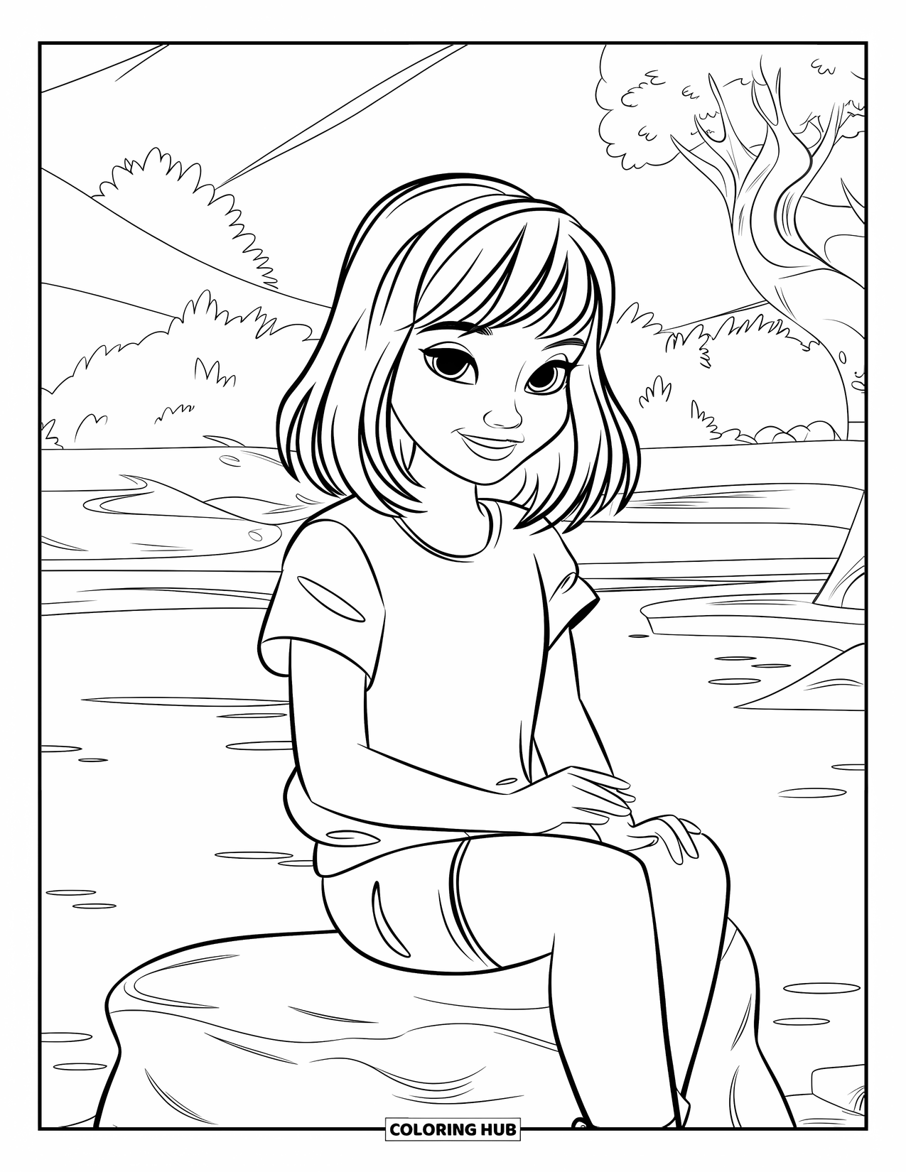 Teen Girl Coloring Page for Kids: A calm girl sits by the water surrounded by nature