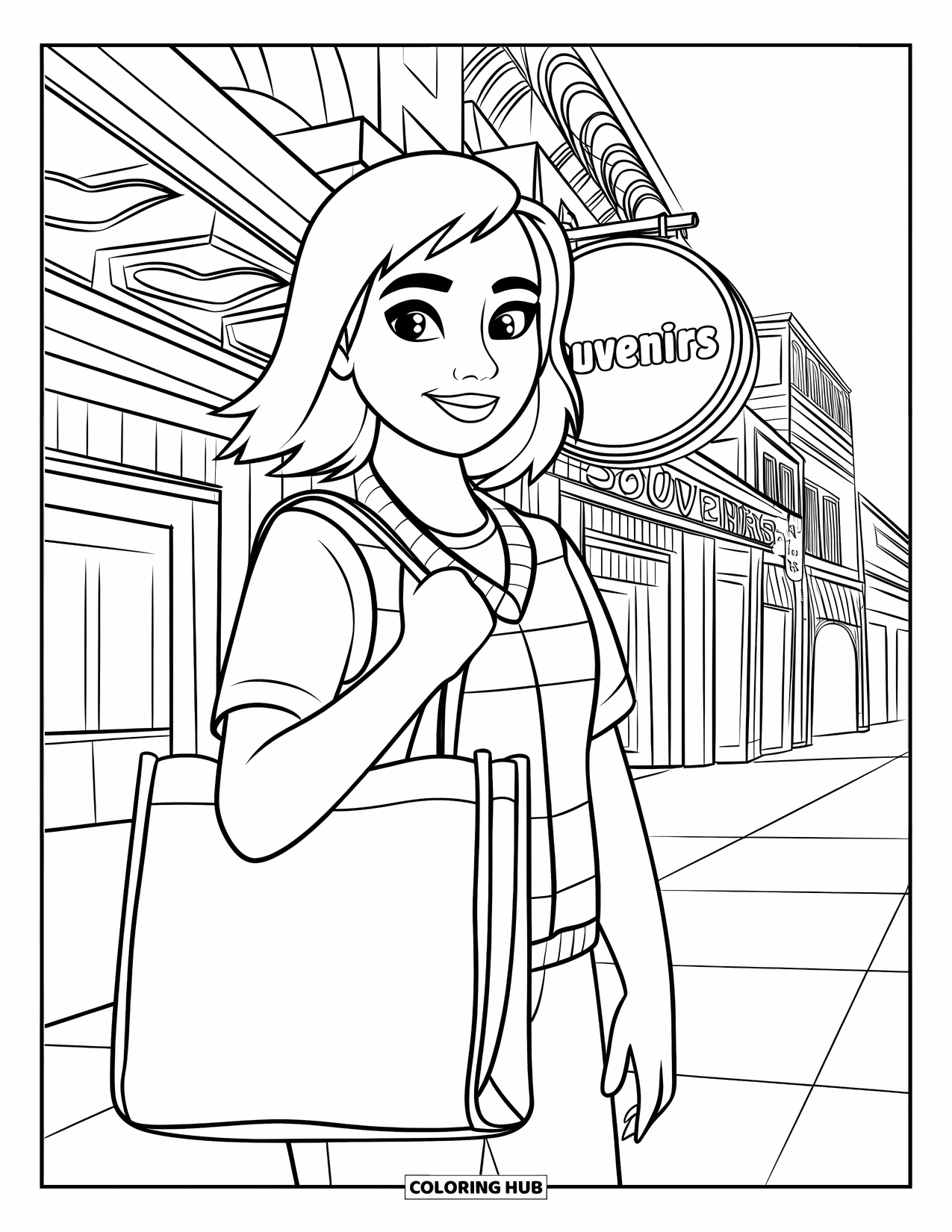 Teen Girl Coloring Page for Kids: A cheerful girl strolls with a shopping bag through the city
