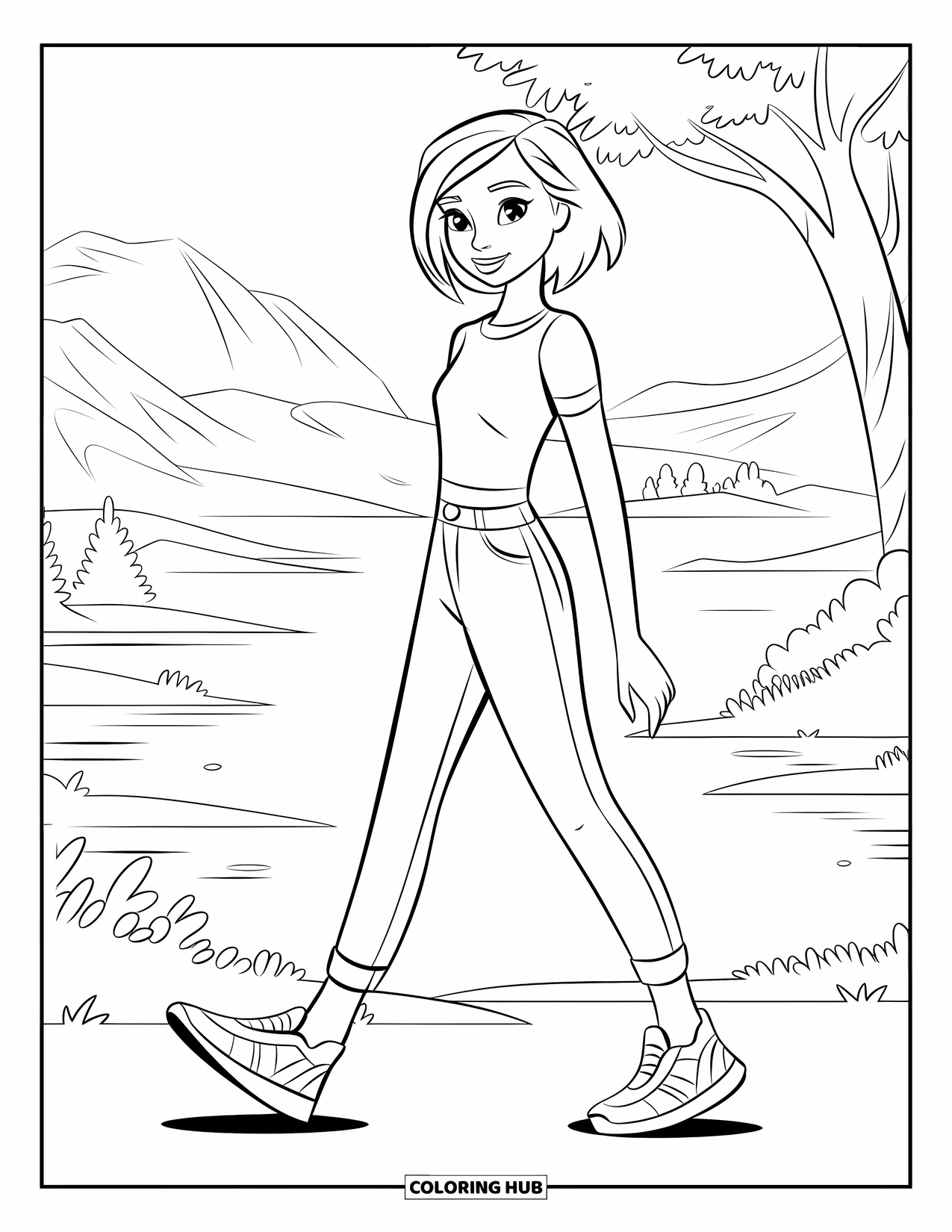 Teen Girl Coloring Page for Kids: A confident girl walks outdoors in jeans and sneakers