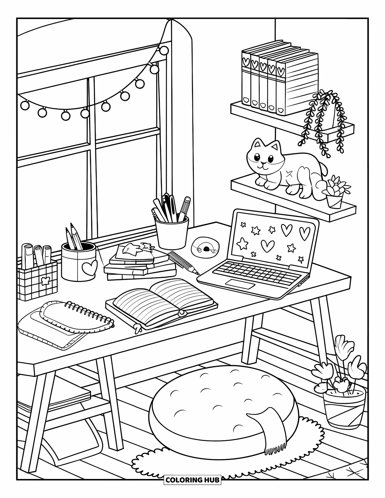 Teen Girl Coloring Page for Kids: A cozy room with a low desk, books, and warm string lights
