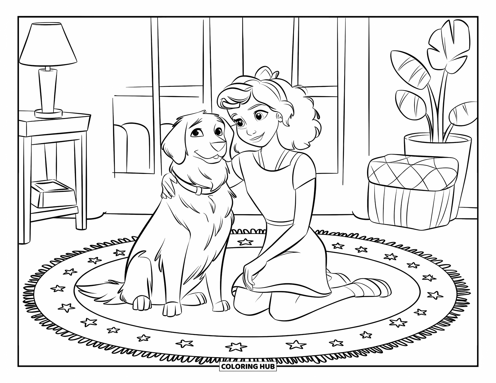 Teen Girl Coloring Page for Kids: A girl and her dog rest together in a cozy room