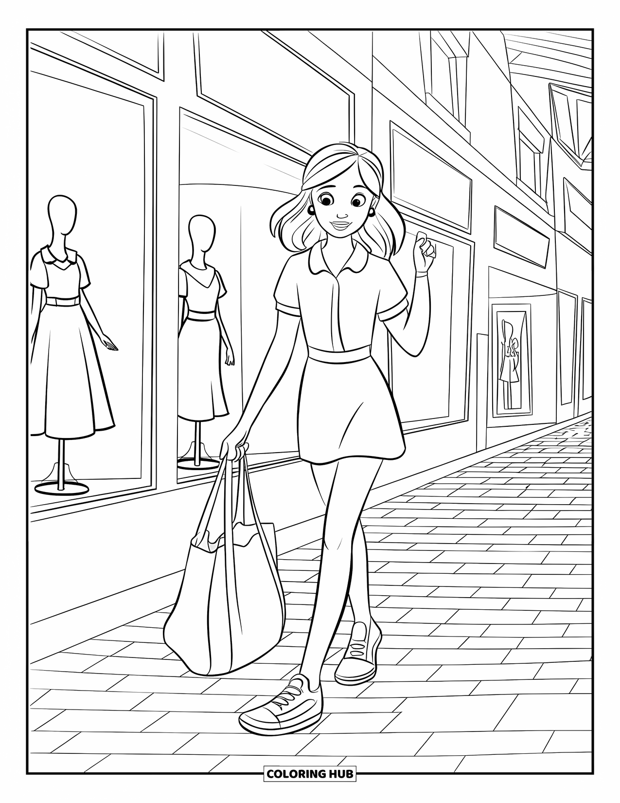 Teen Girl Coloring Page for Kids: A girl explores the shops holding a cute tote bag