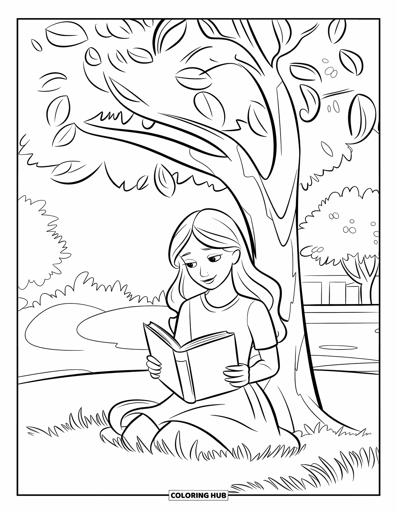 Teen Girl Coloring Page for Kids: A girl reads a book peacefully under a shady tree