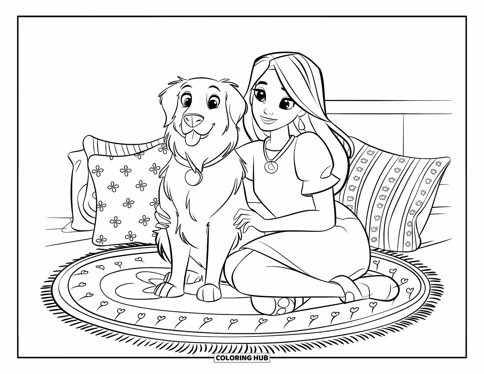 Teen Girl Coloring Page for Kids: A girl sits cross-legged on a rug beside her loyal dog