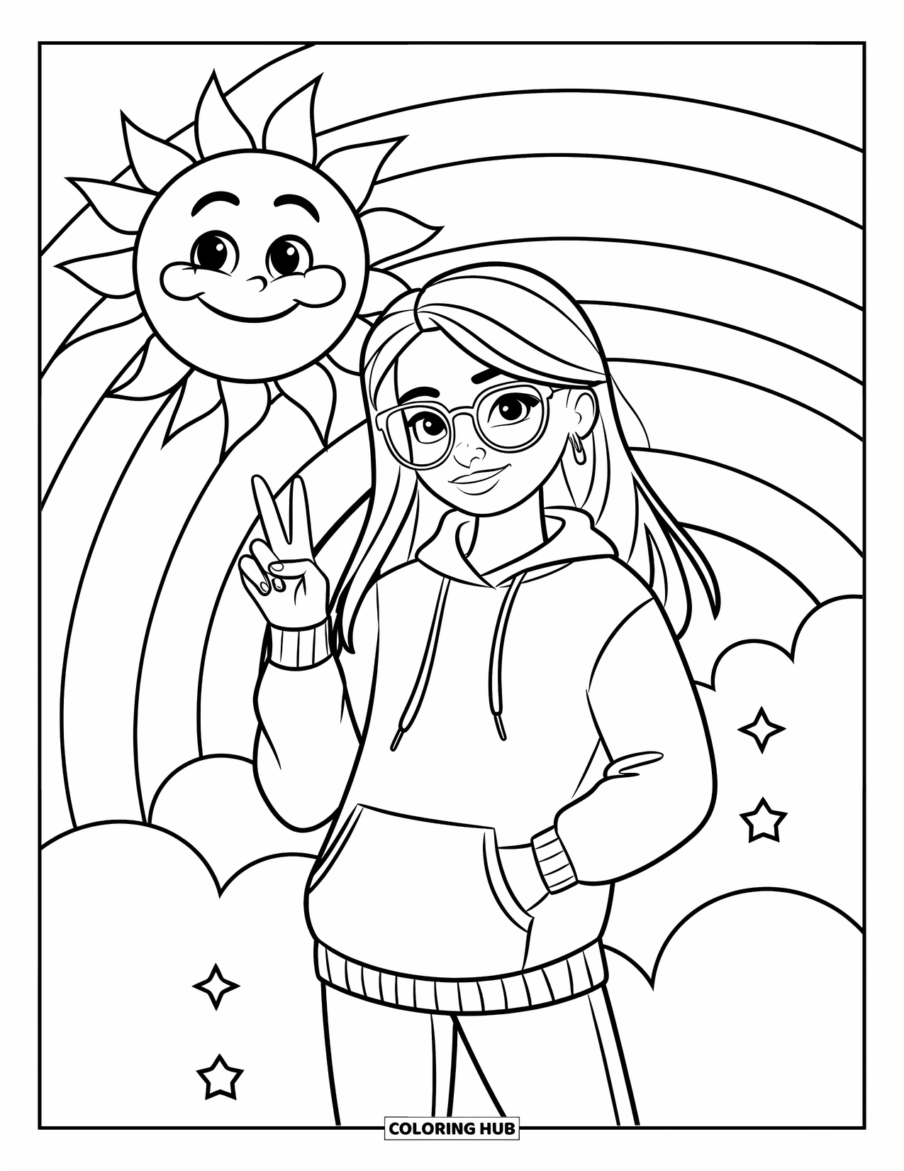 Teen Girl Coloring Page for Kids: A girl with glasses makes a peace sign among clouds and rainbows