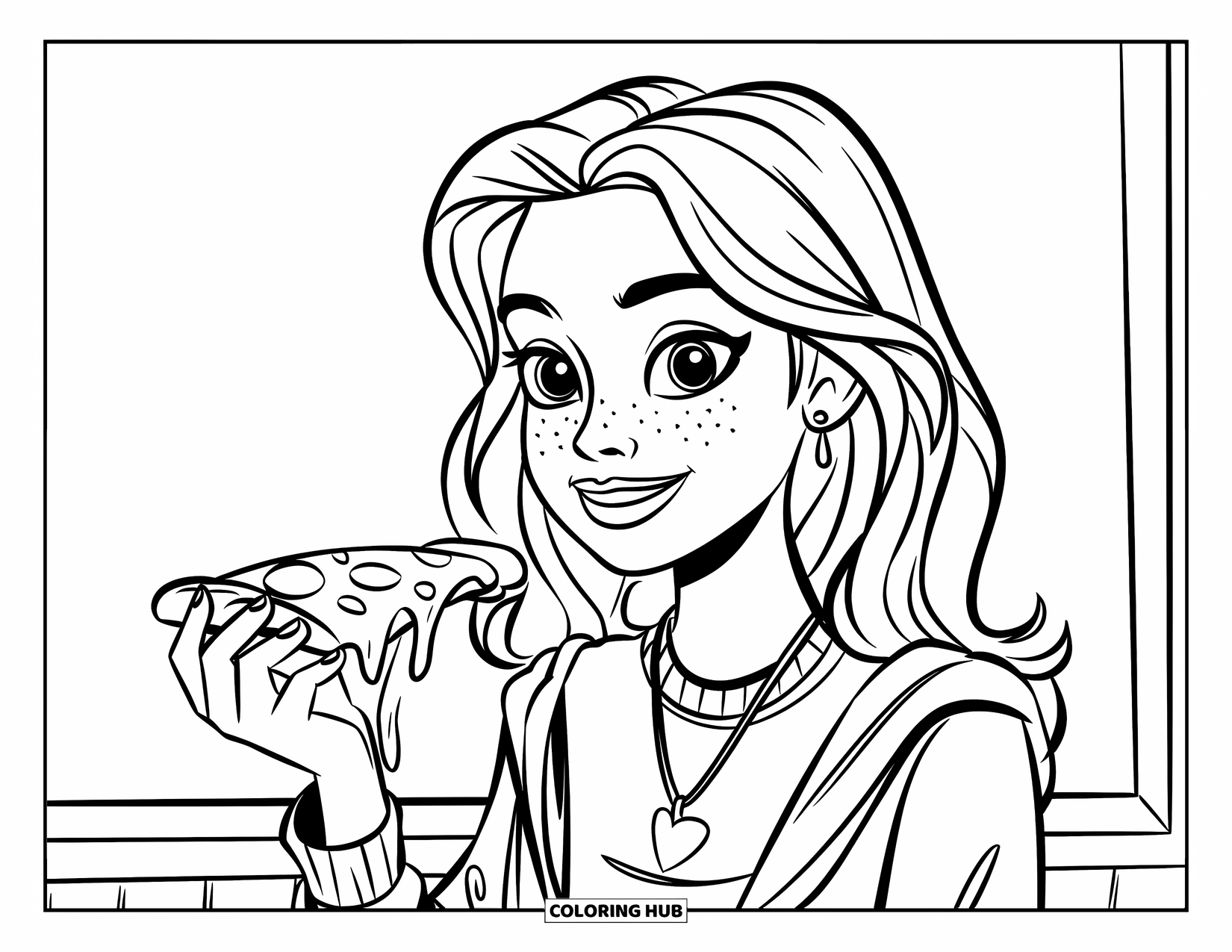 Teen Girl Coloring Page for Kids: A happy girl holds a pizza slice with a big smile