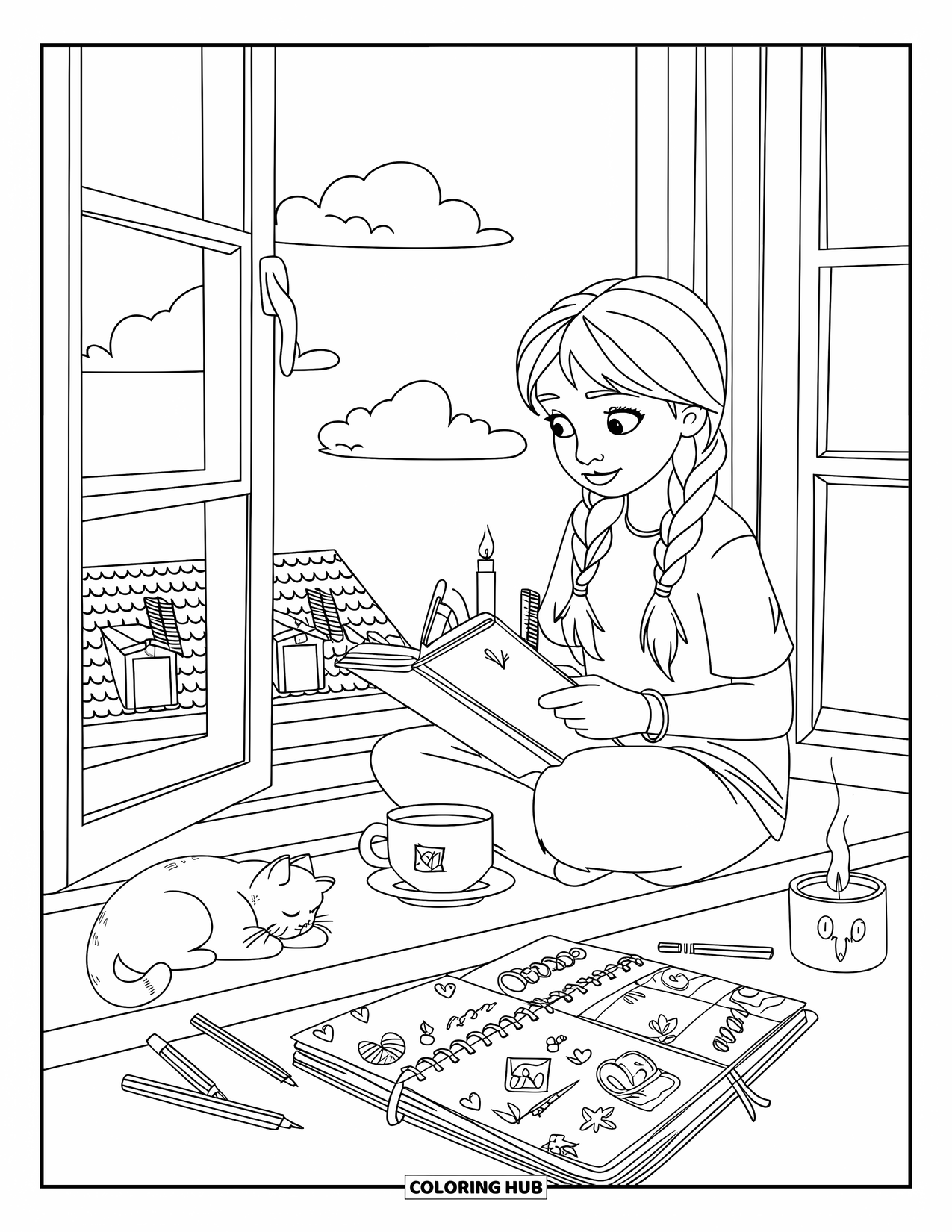 Teen Girl Coloring Page for Kids: A peaceful scene of journaling by a window with tea and a cat