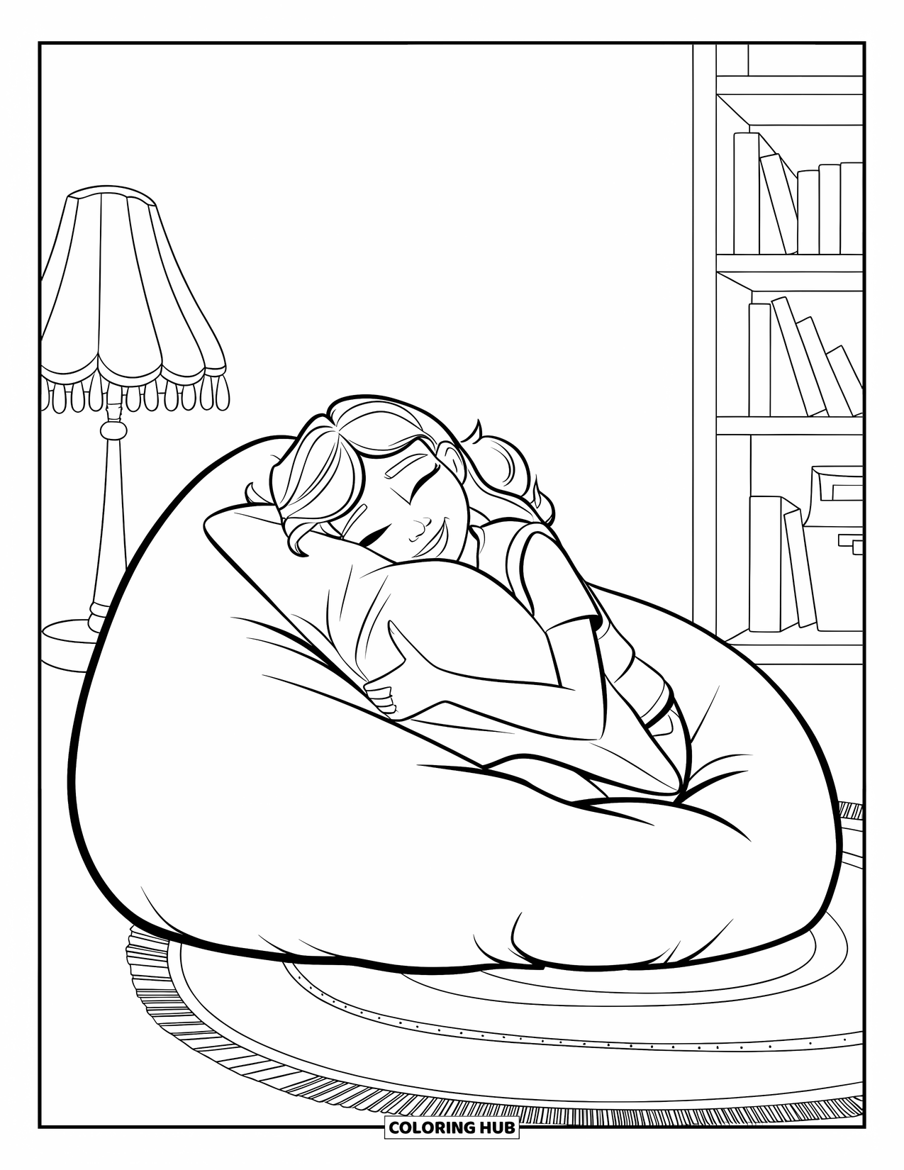Teen Girl Coloring Page for Kids: A relaxed girl lies on a bean bag holding a soft pillow