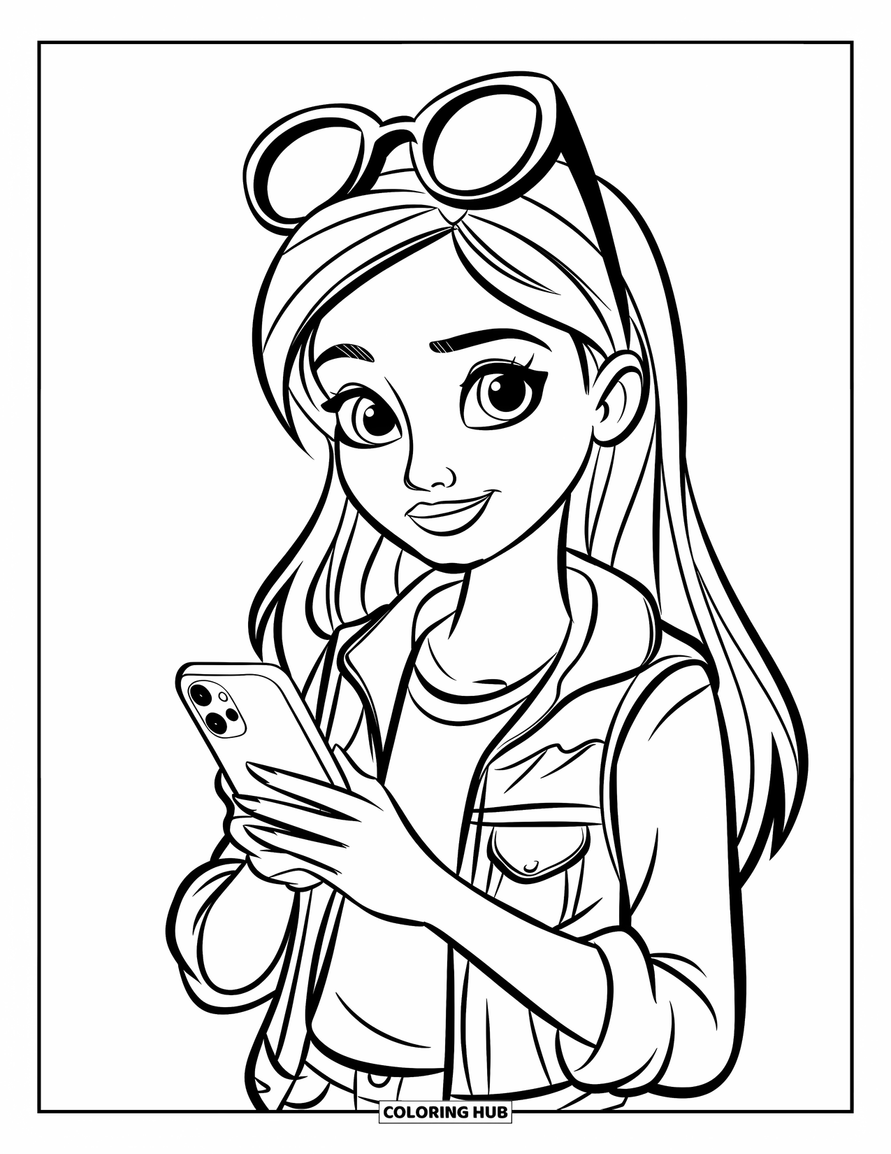 Teen Girl Coloring Page for Kids: A stylish teen poses with her phone and chic sunglasses
