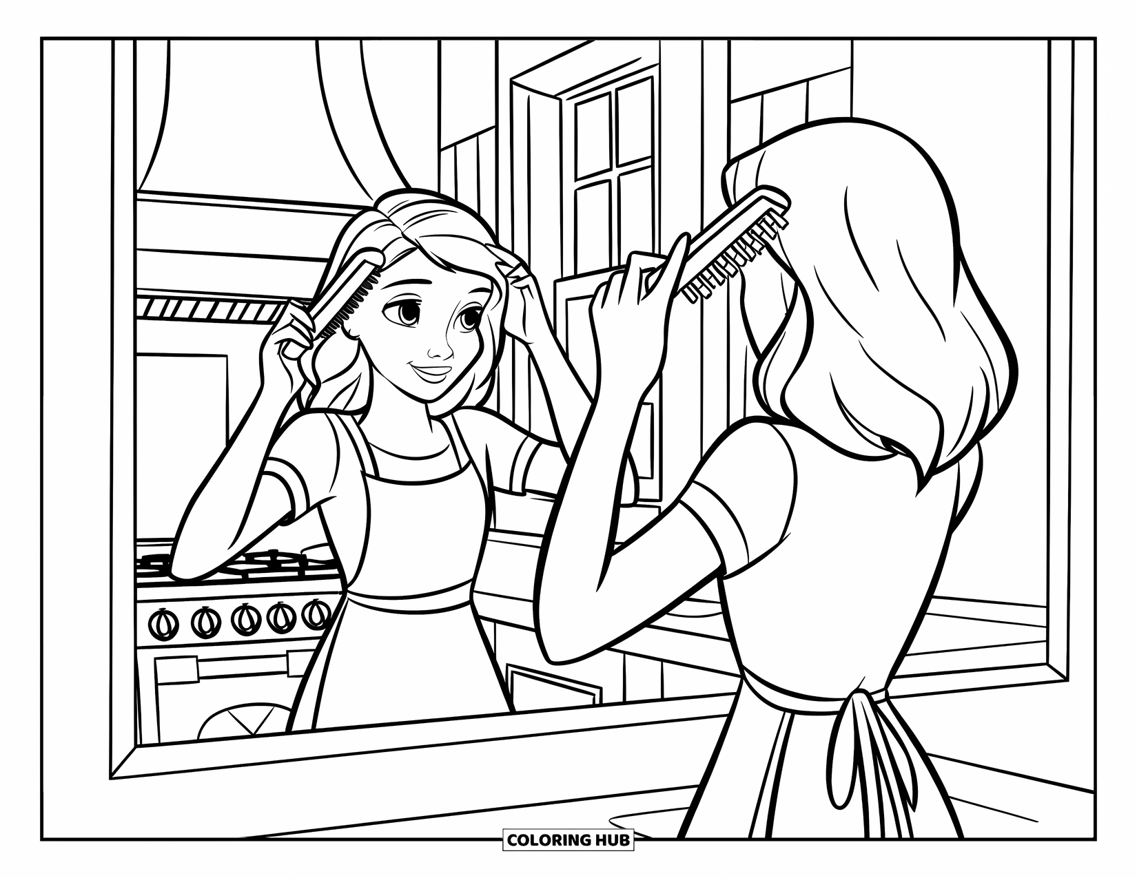 Teen Girl Coloring Page for Kids: A teen brushes her hair while standing by a kitchen mirror