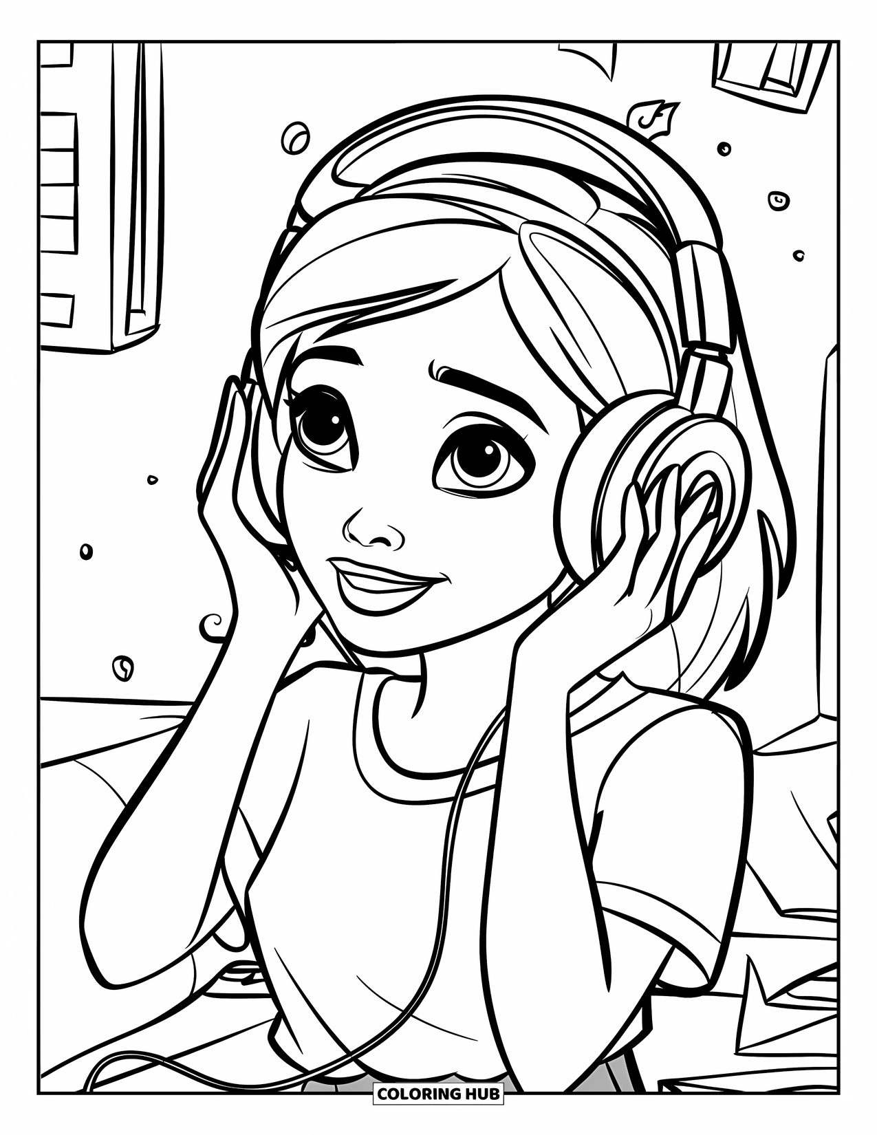 Teen Girl Coloring Page for Kids: A teen enjoys her favorite songs with oversized headphones