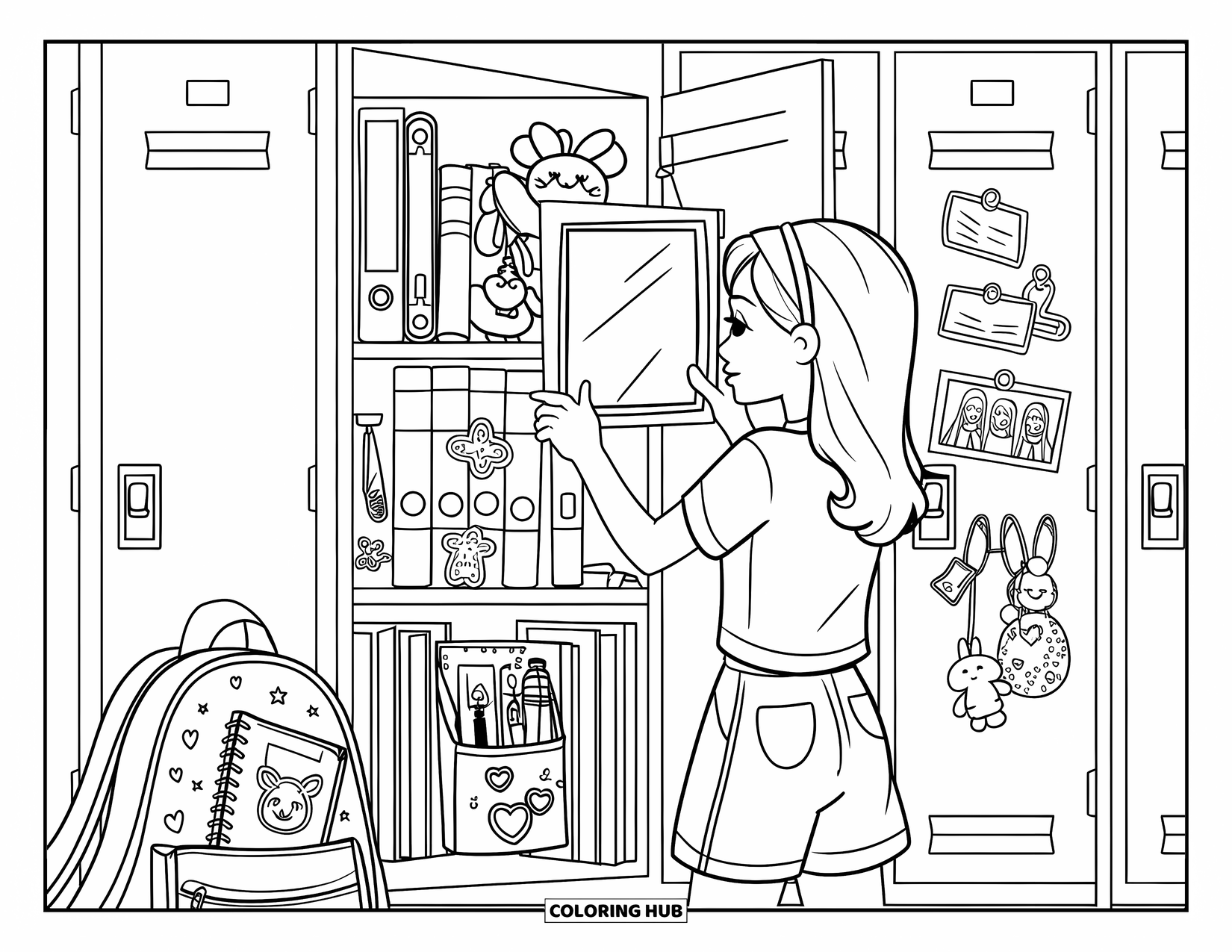 Teen Girl Coloring Page for Kids: A teen girl decorates her locker filled with books, photos, and plush charms