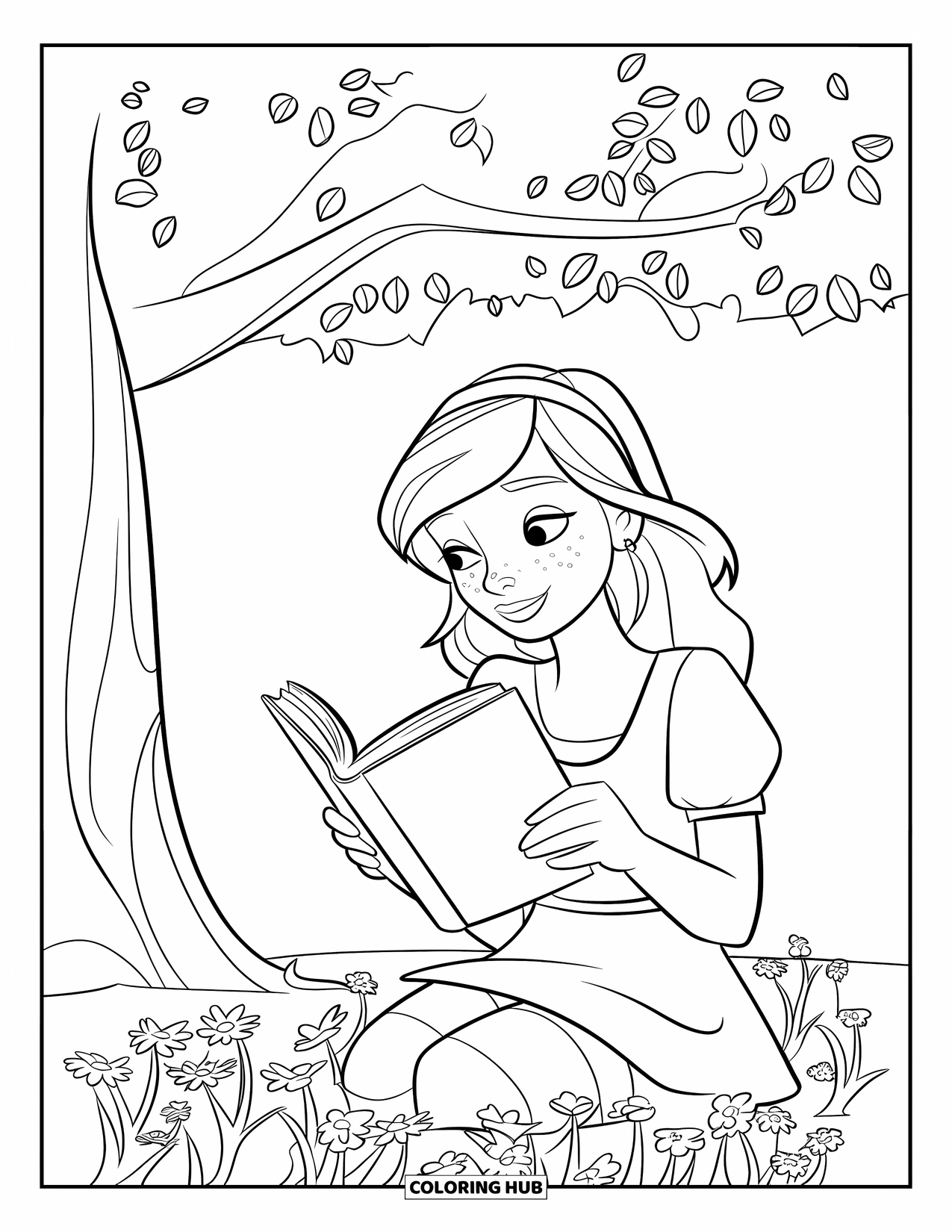 Teen Girl Coloring Page for Kids: A teen reads happily under a tree surrounded by flowers