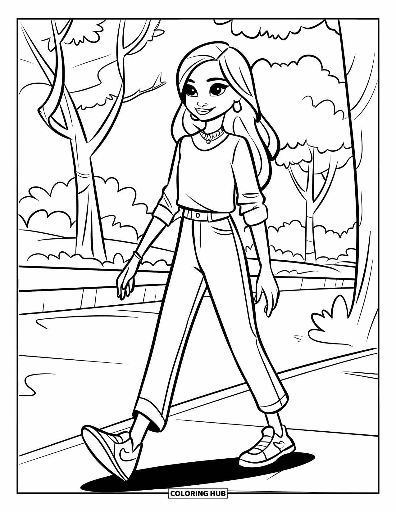 Teen Girl Coloring Page for Kids: A teen strolls through a park in stylish jeans and sneakers