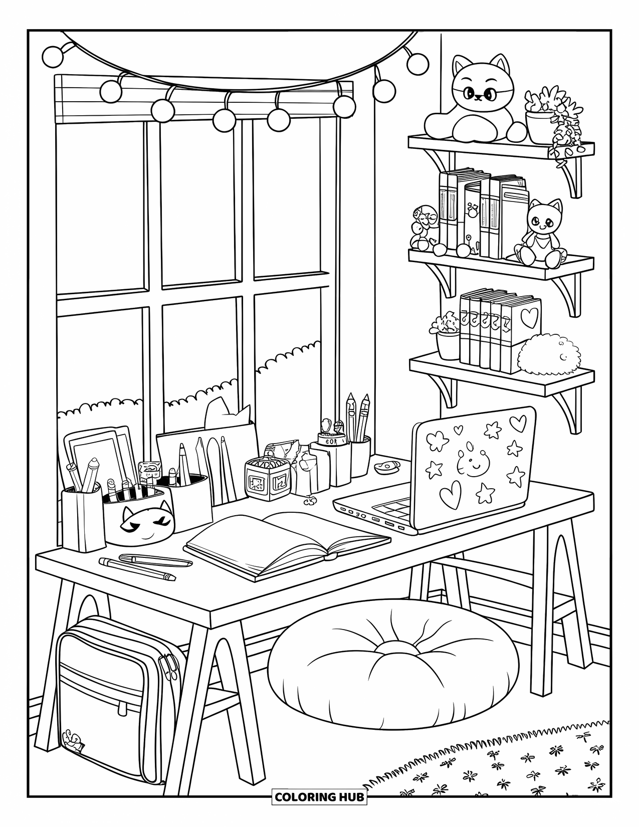 Teen Girl Coloring Page for Kids: A tidy desk under a window filled with stationery and plush toys