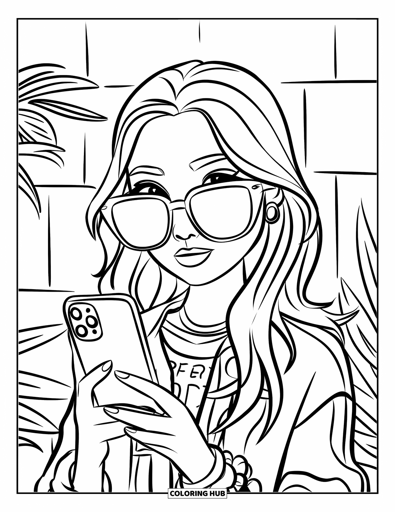 Teen Girl Coloring Page for Kids: A trendy girl smiles in sunglasses while checking her phone