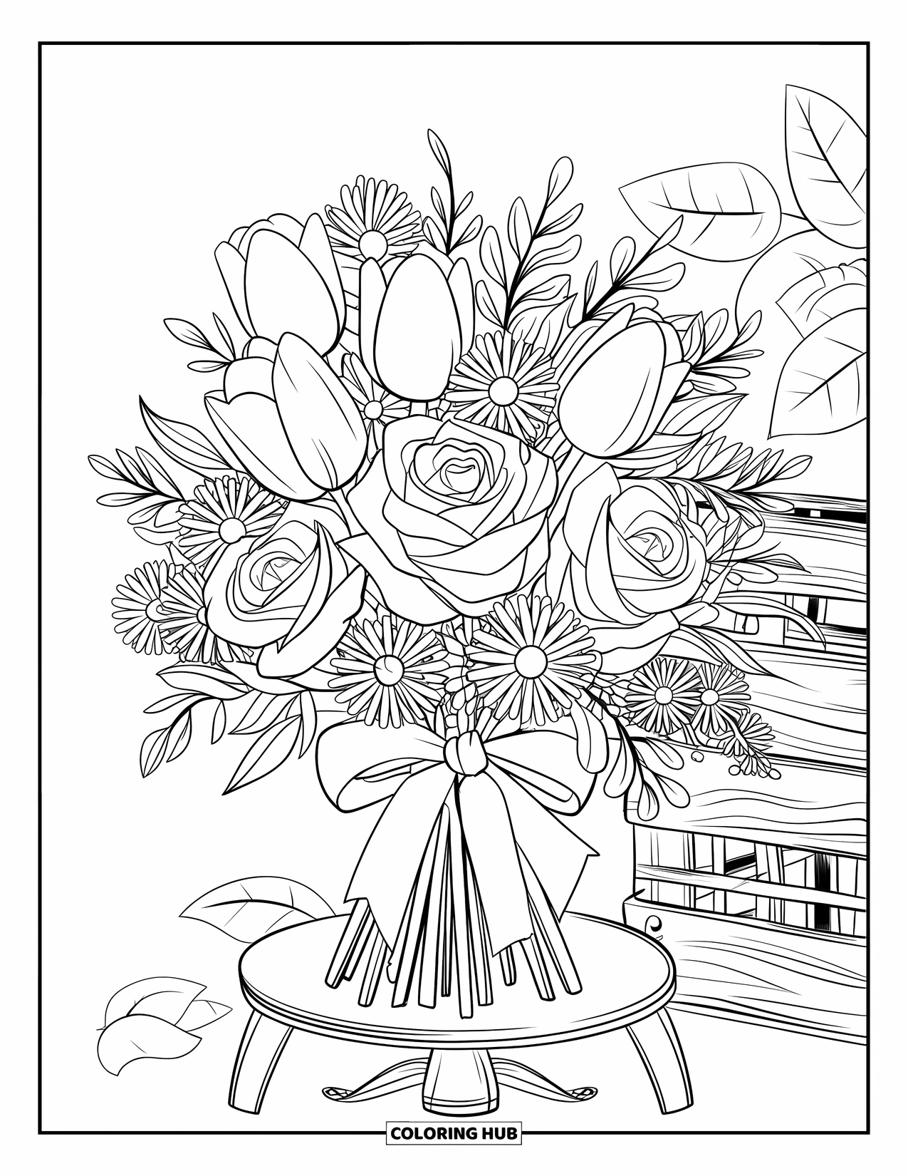 Thinking Of You Coloring Page for Adults: A bouquet on a stand bears a ribbon labeled "For Someone Special"