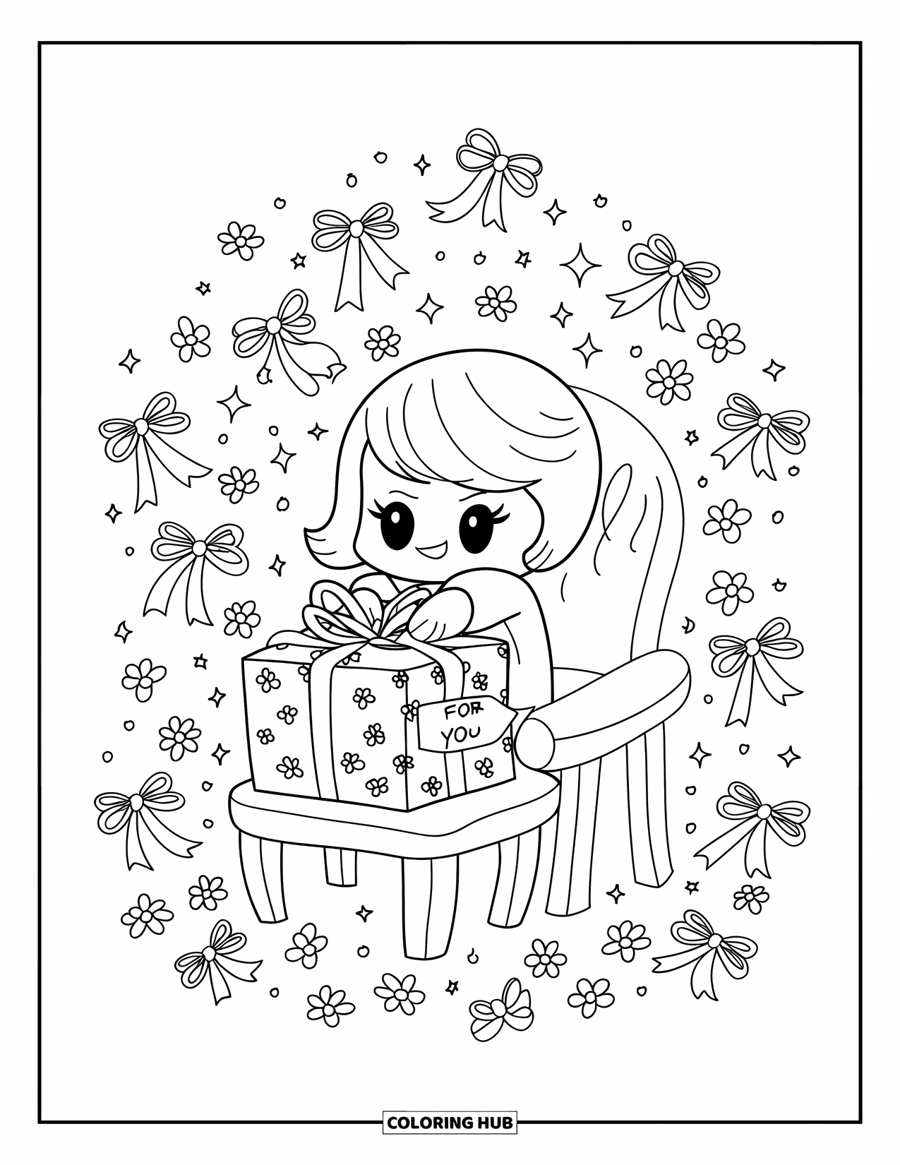 Thinking Of You Coloring Page for Adults: A chibi character wraps a "For You" gift surrounded by bows