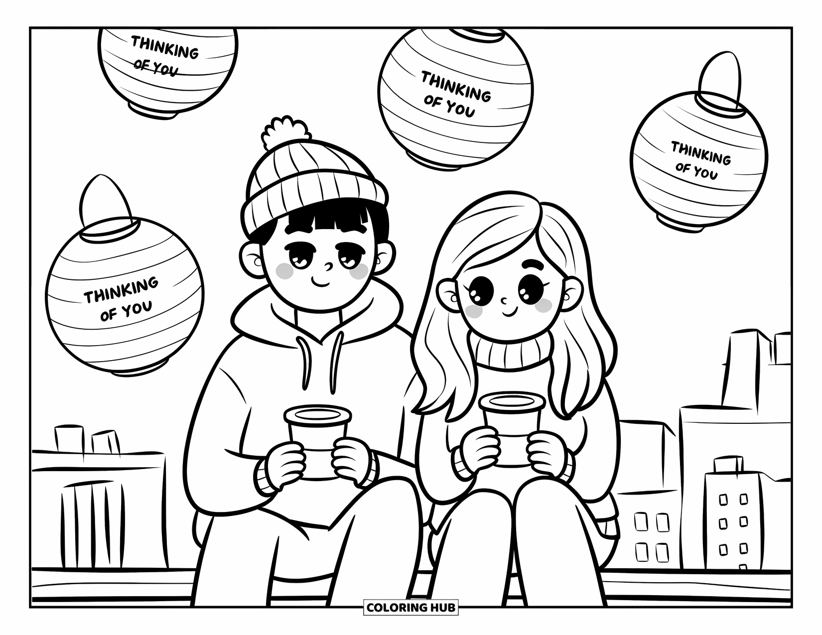 Thinking Of You Coloring Page for Adults: A couple drinks coffee under "Thinking of You" lanterns